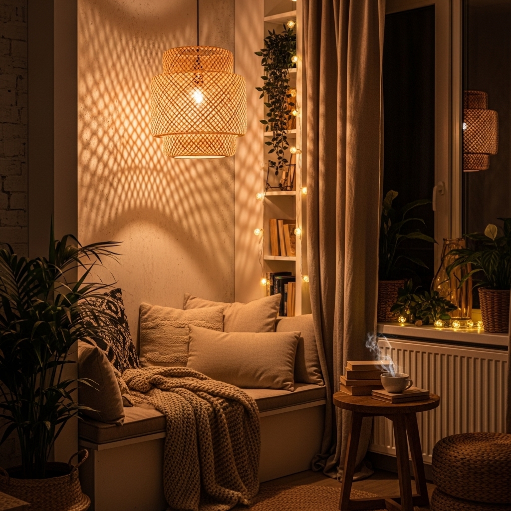 A cozy reading nook with a rattan pendant light and fairy lights