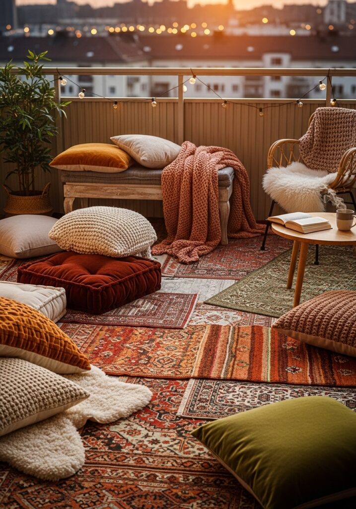 Cozy Small Balcony Decor with Layered Textiles