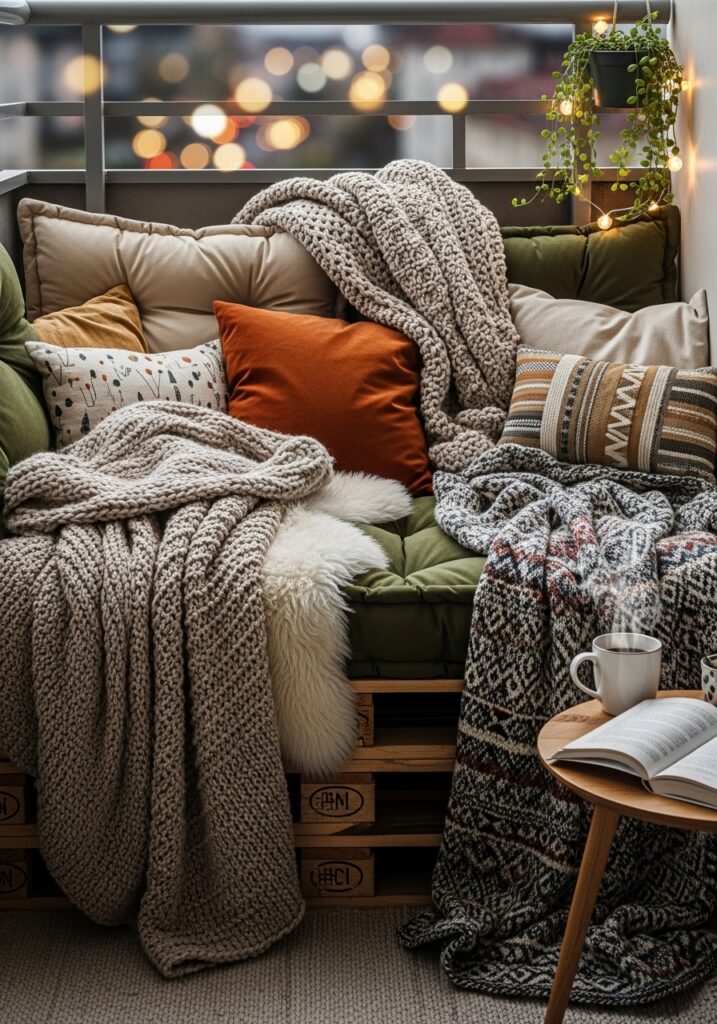 Cozy Balcony Seating with Cushions and Throws