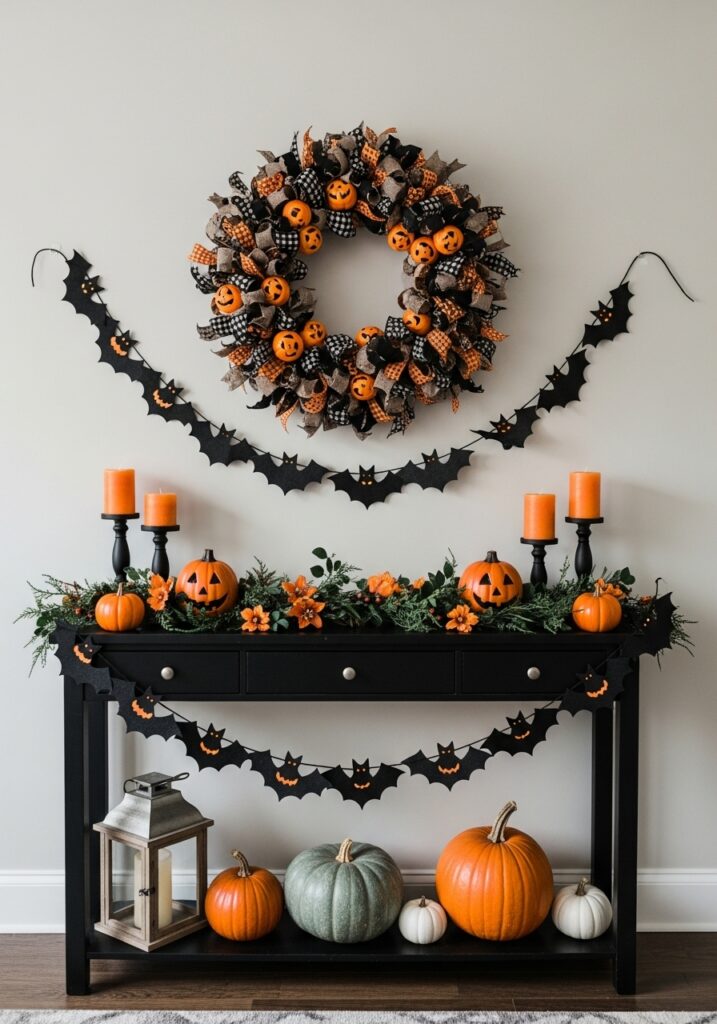 Halloween Entry Table Decorations with Garlands & Wreaths
