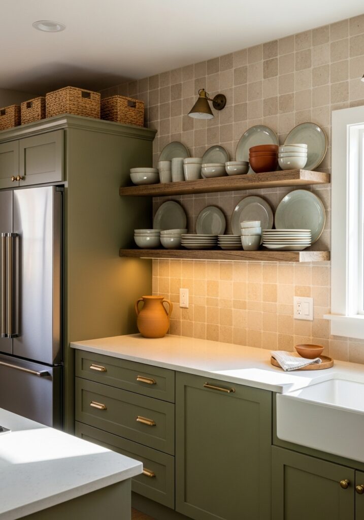 Warm Neutrals Meet Green: Cozy & Earthy Kitchen Style