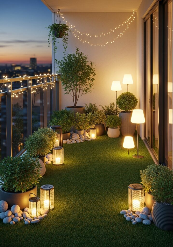 Chic Balcony Garden with Faux Grass and Lighting