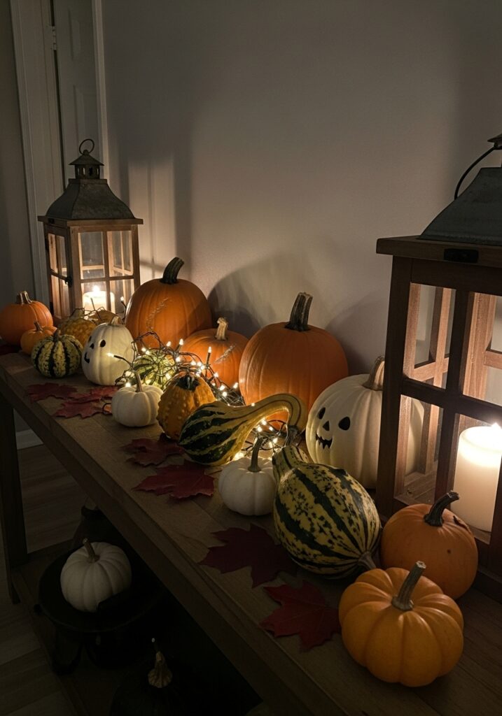 Halloween Console Table Decor with Pumpkins & Gourds