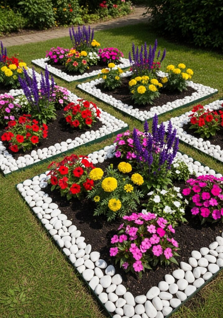 Pebble-Framed Flower Beds