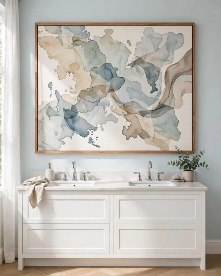 Bright bathroom with abstract map art above a white double vanity.