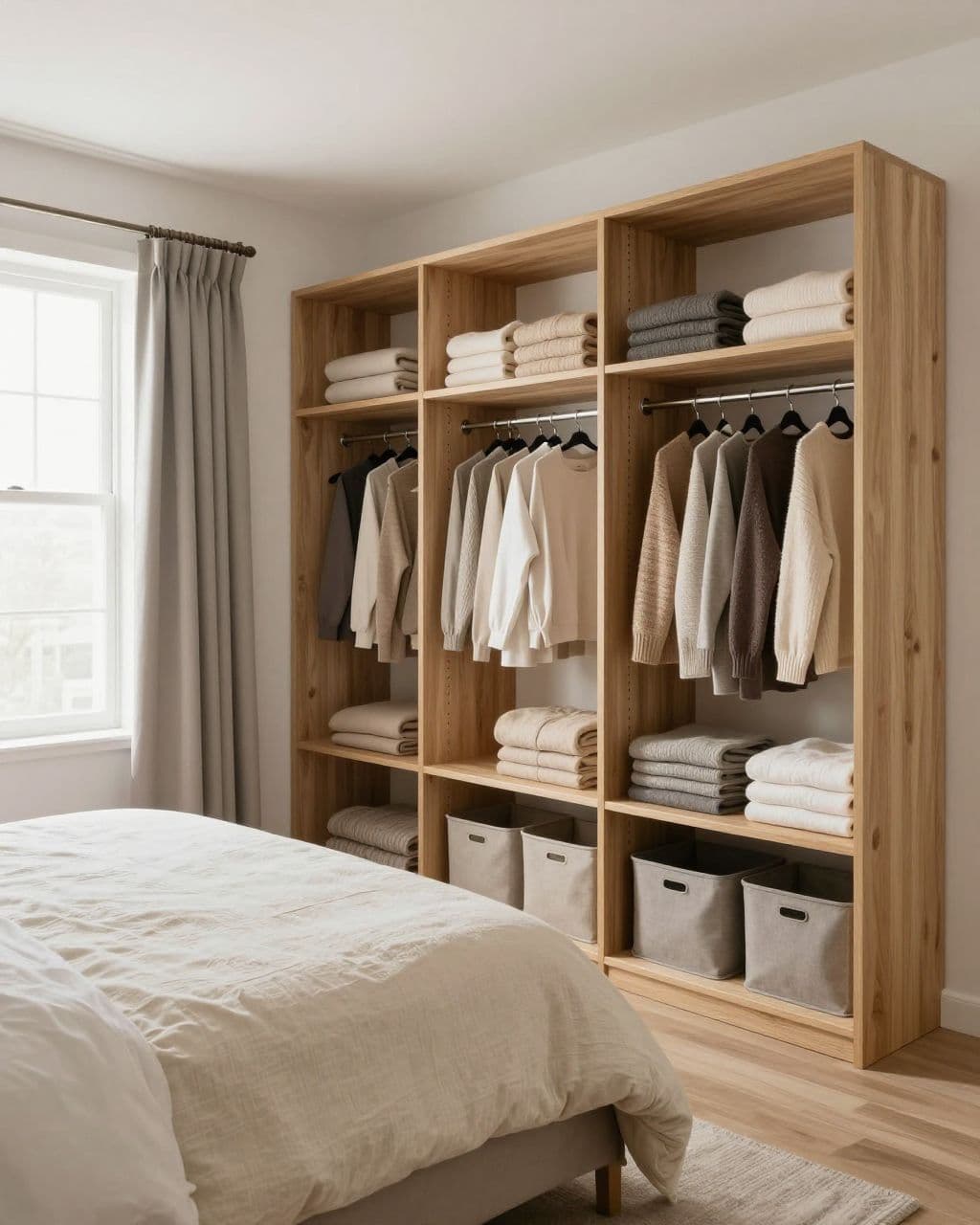 Cream bed beside an open closet with sweaters and fabric bins in bright window light.