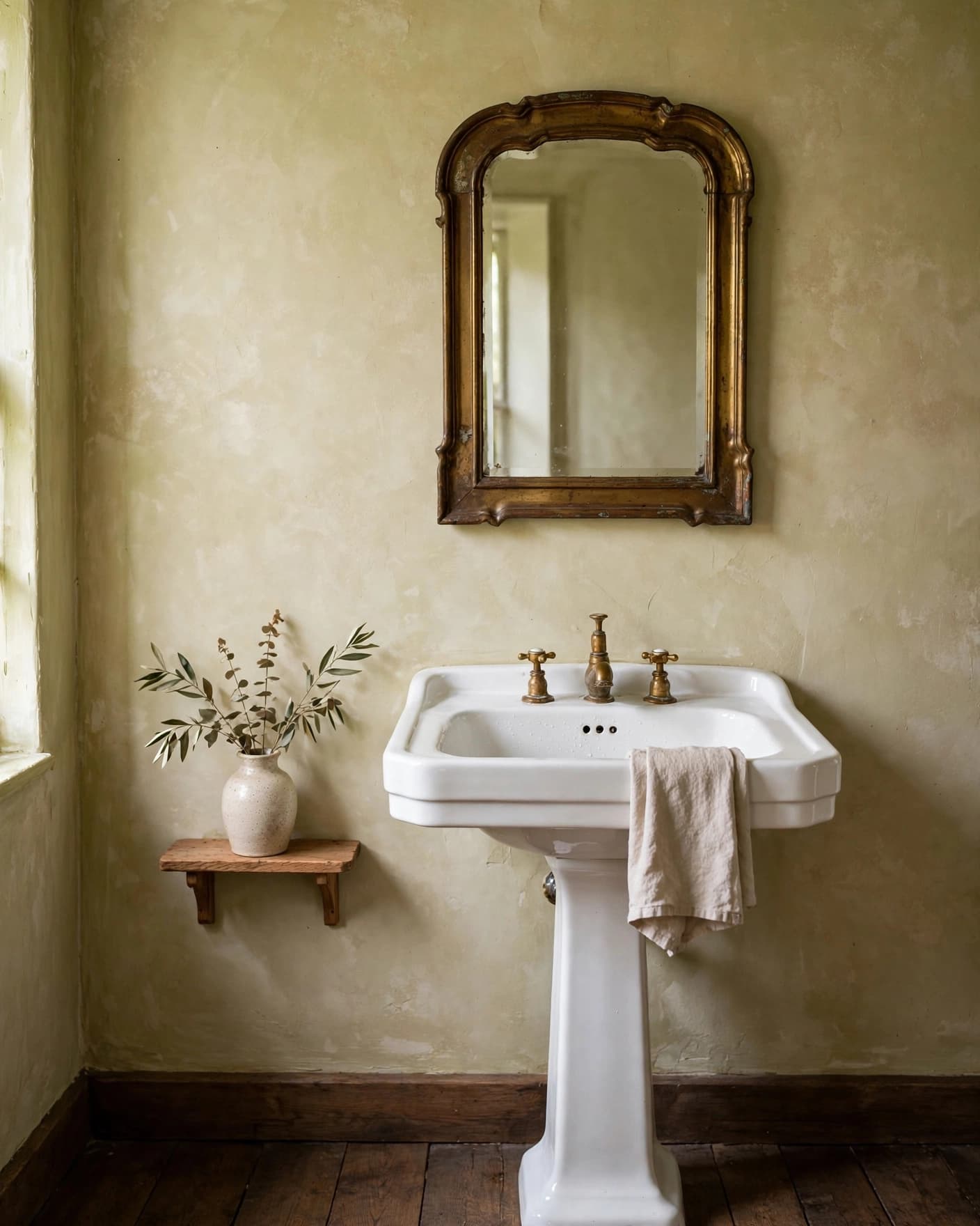 Farmhouse bathroom with a brass mirror, pedestal sink, oak shelf, and ceramic vase.