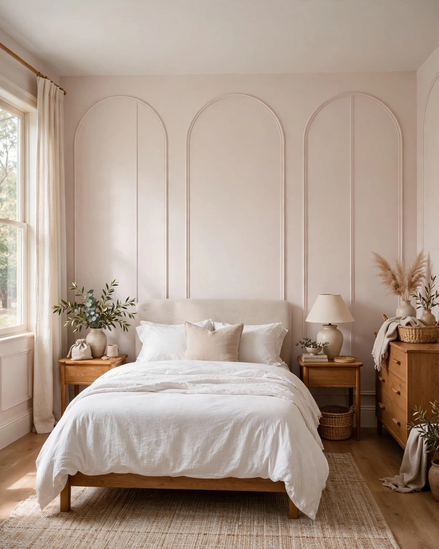 A softly lit bedroom with arched wall molding, a white bed, and warm wood accents.