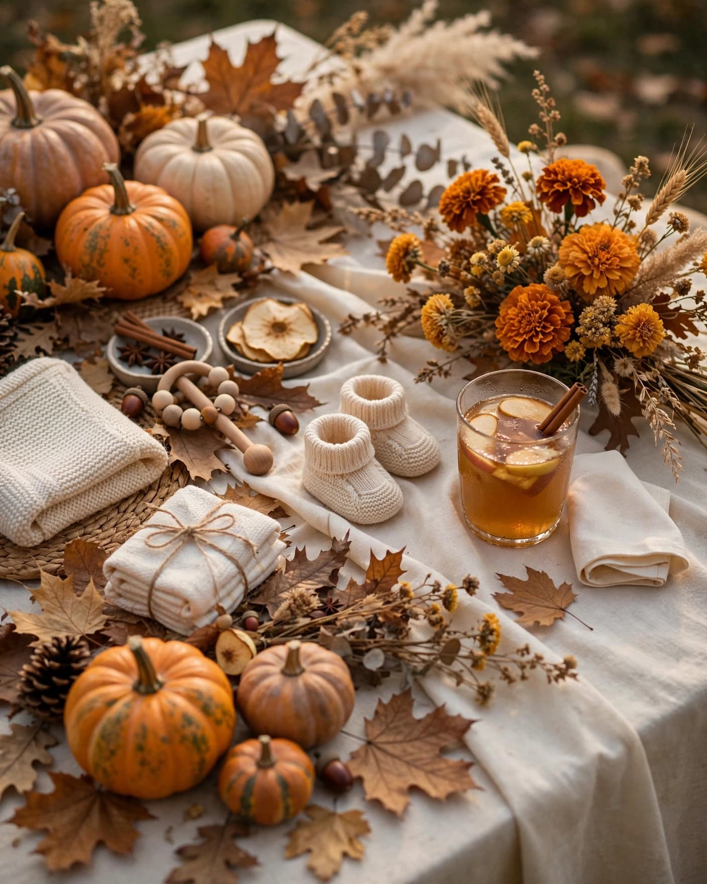 A fall baby sprinkle table with pumpkins, dried leaves, flowers, and apple cider.