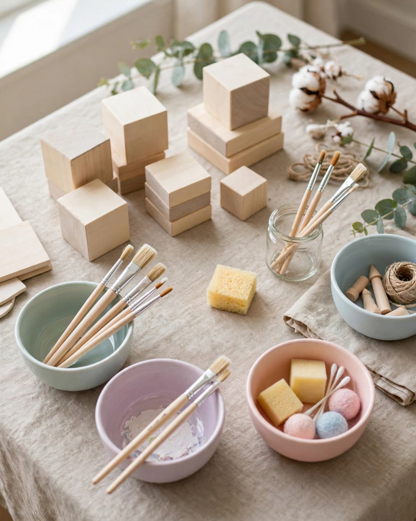 Wooden blocks, craft supplies, and paintbrushes arranged on a softly lit table.