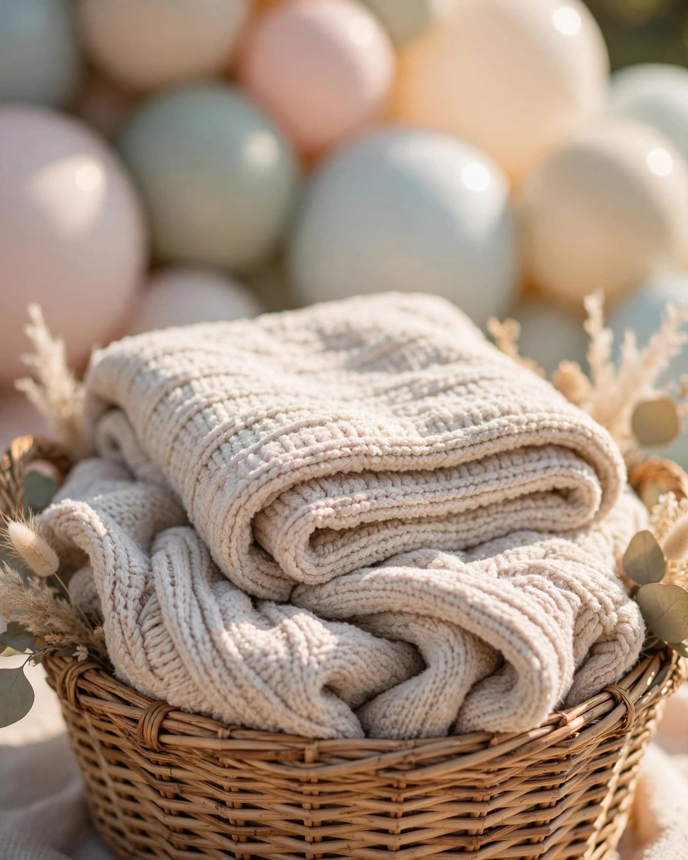 A folded cream blanket in a basket with pastel balloons behind it.