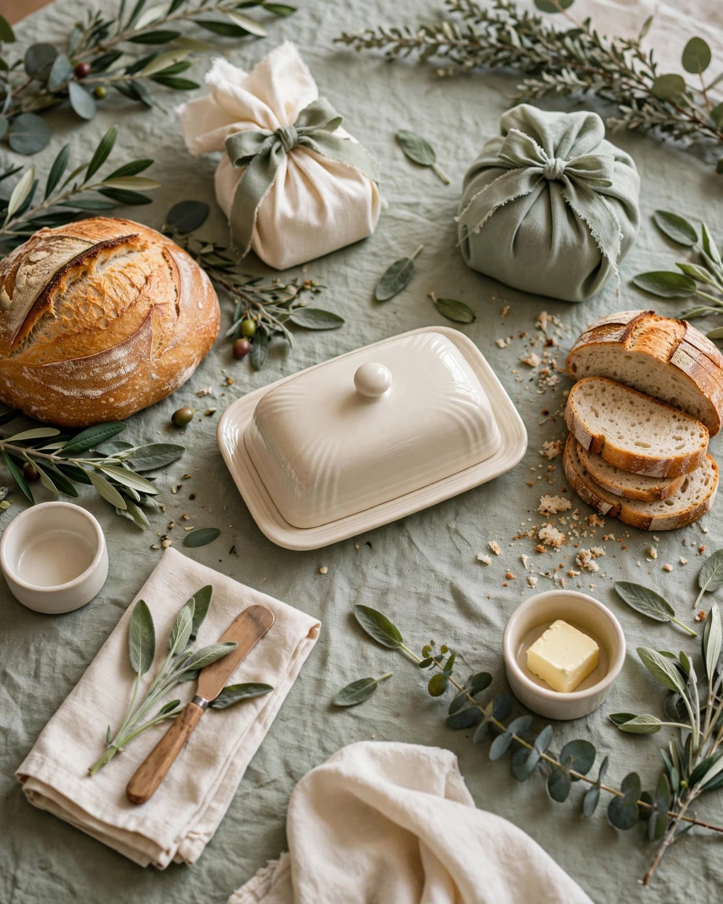 Ceramic butter dish and fresh bread arranged on a softly styled baby shower table.