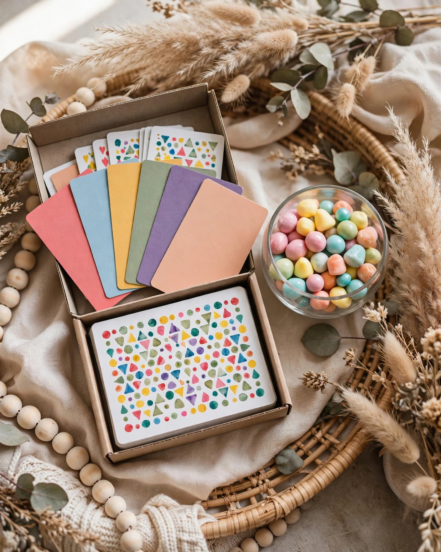 Colorful playing cards and a glass candy bowl arranged as a baby shower prize.