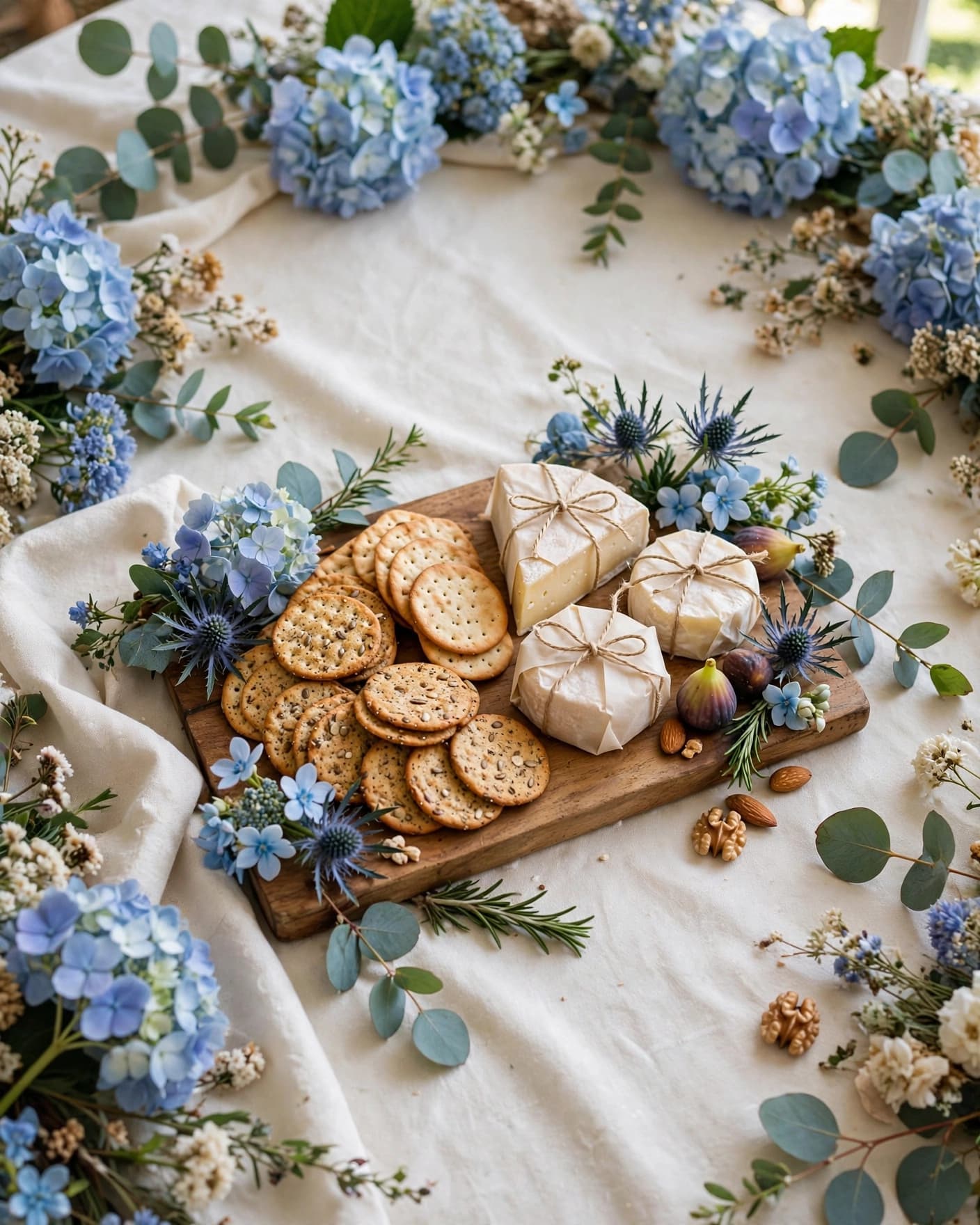 A charcuterie board with crackers and wrapped cheese beside blue flowers.