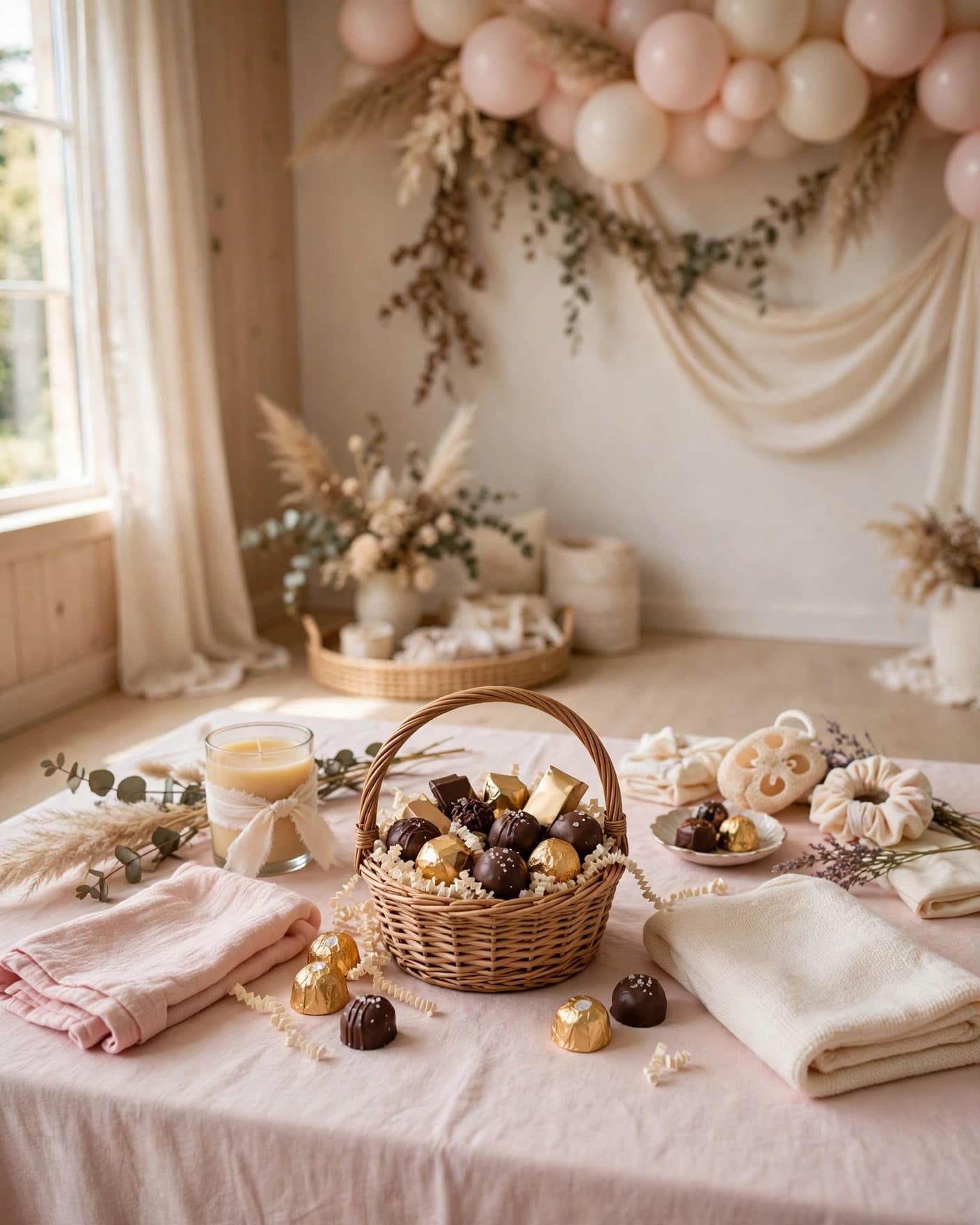 Chocolate gift basket on a pastel table with pink and cream baby shower decorations.