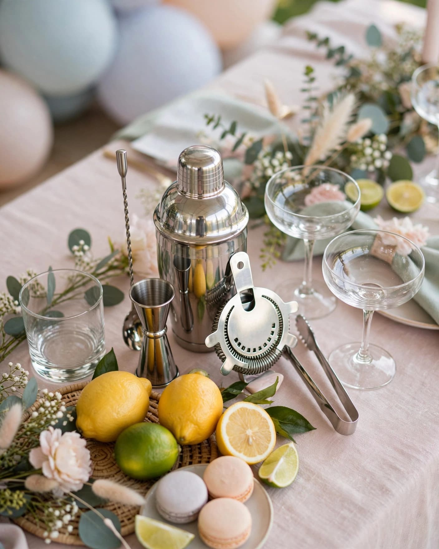 A cocktail shaker set with citrus and glasses on a pastel party table.