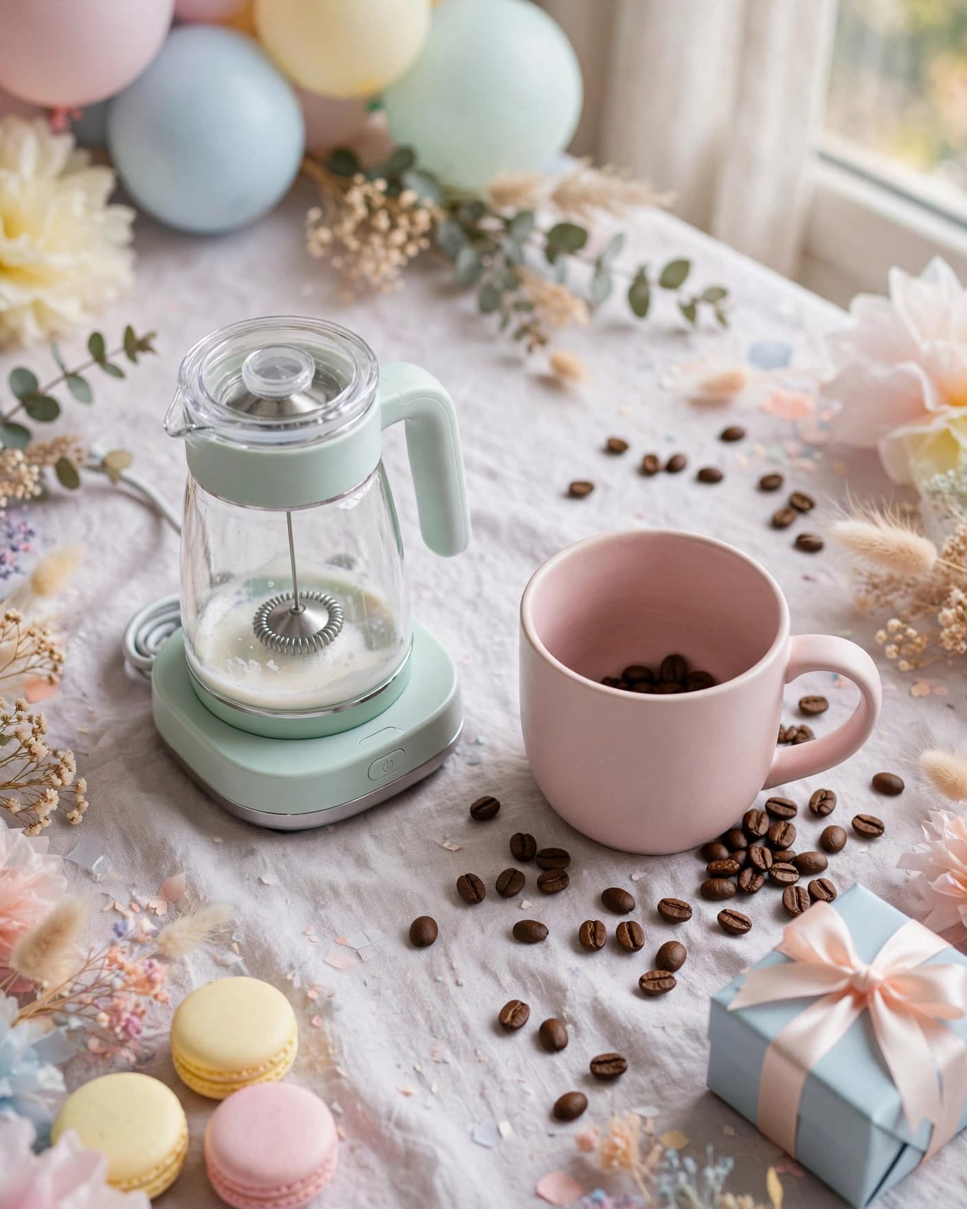 A milk frother, mug, and coffee beans arranged on a pastel baby shower table.