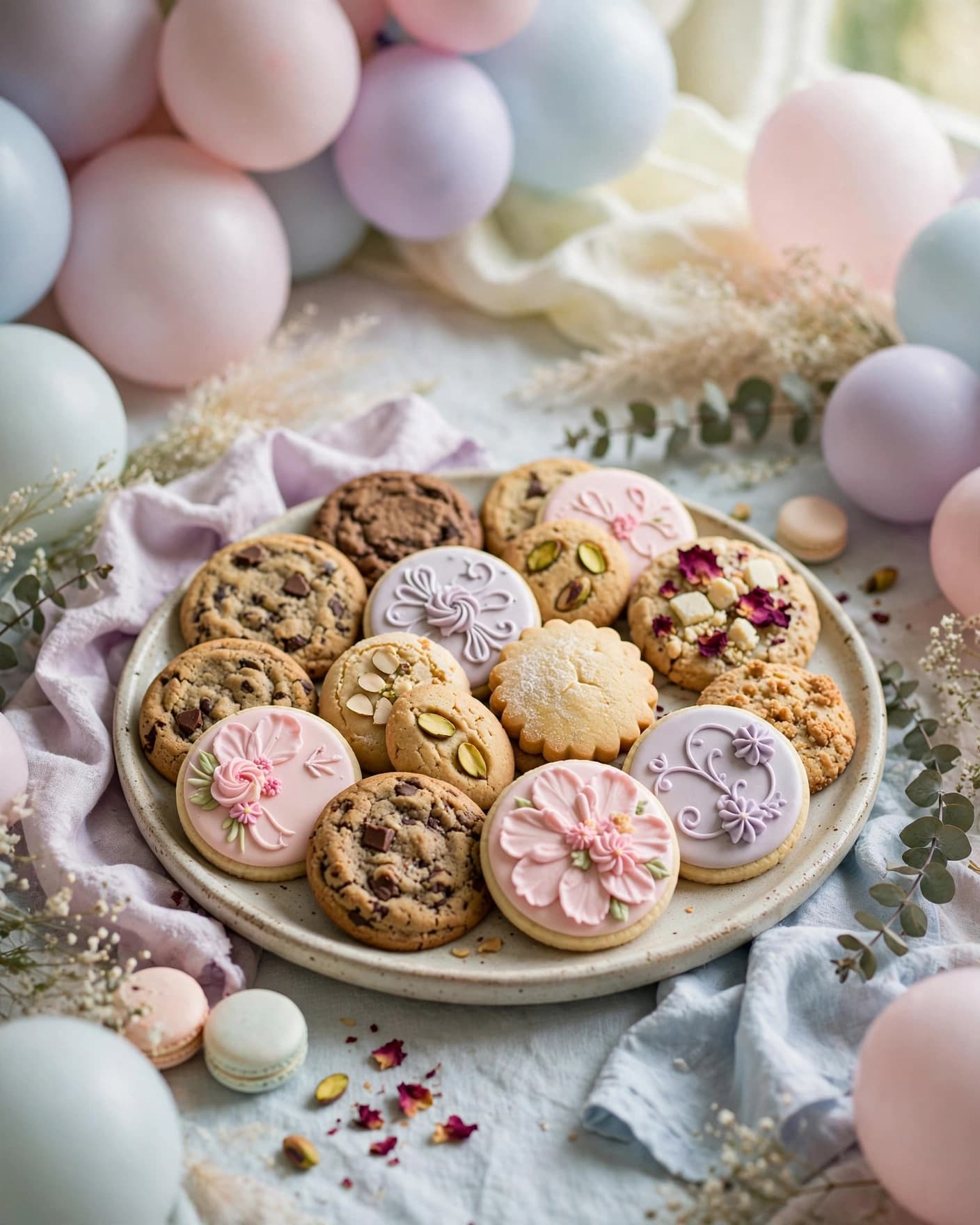 Gourmet cookies on a ceramic platter with pastel decorations and balloons.