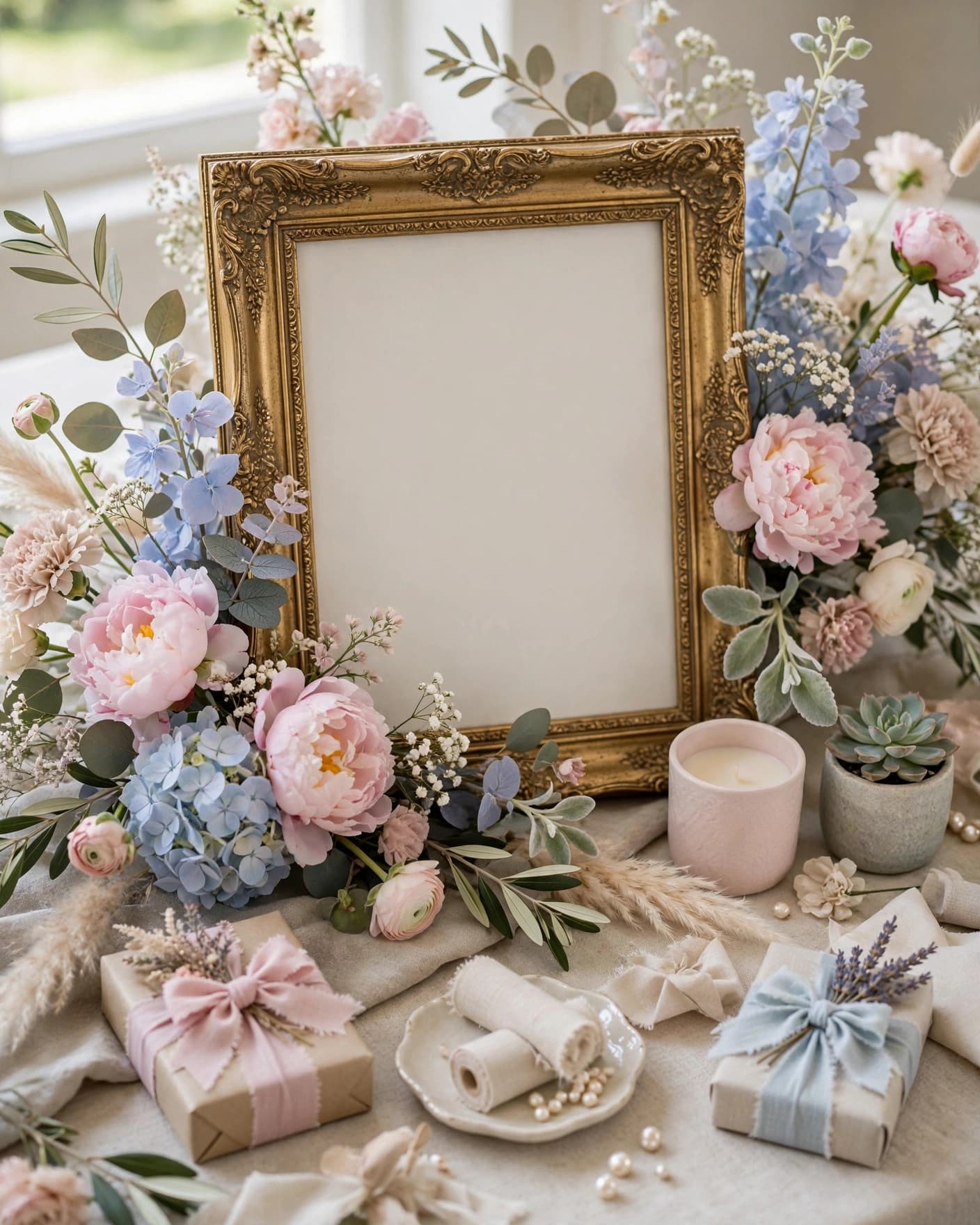 A blank picture frame surrounded by pastel flowers on an elegant baby shower table.