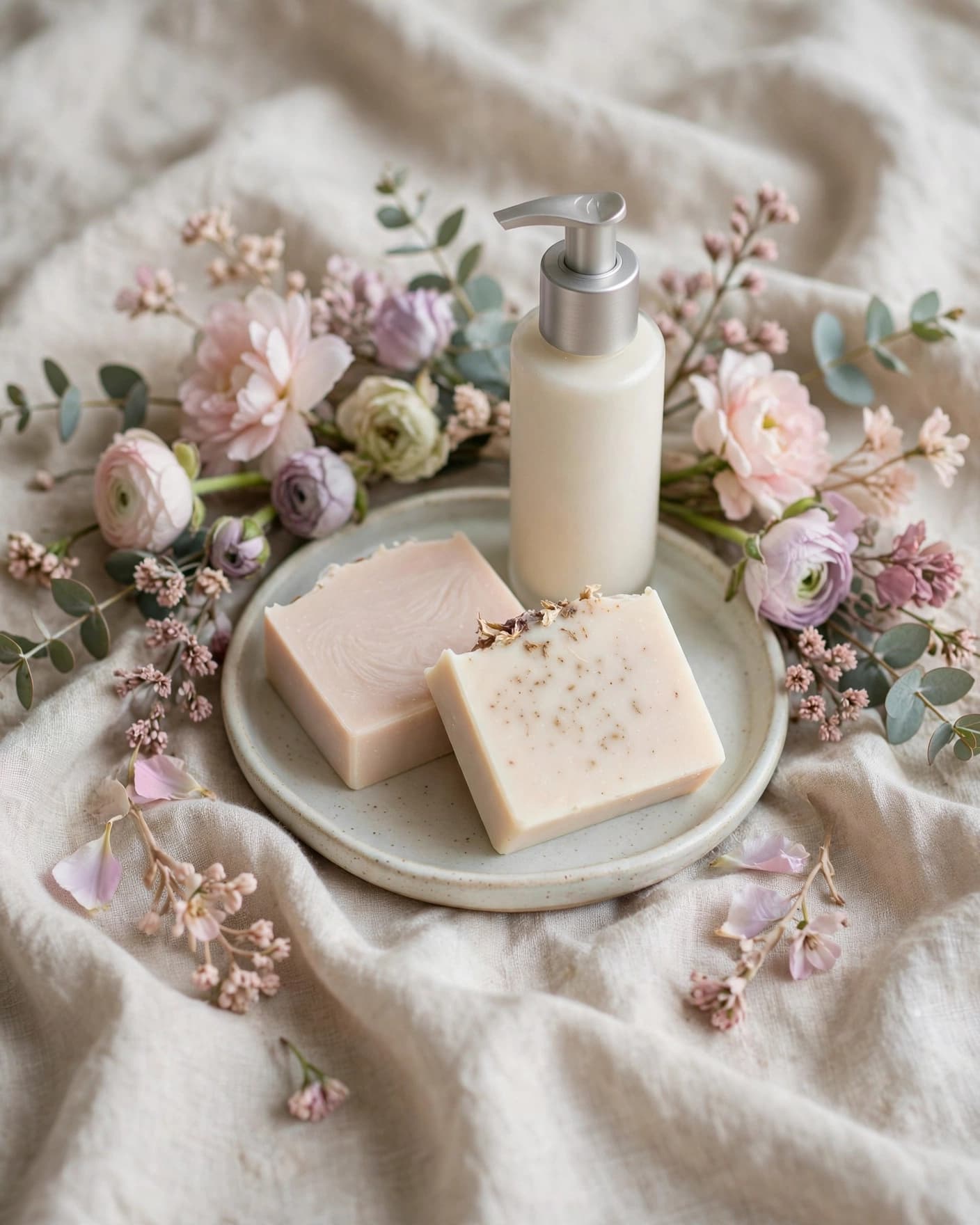 Lotion and soap set on a ceramic tray with pastel flowers and linen.