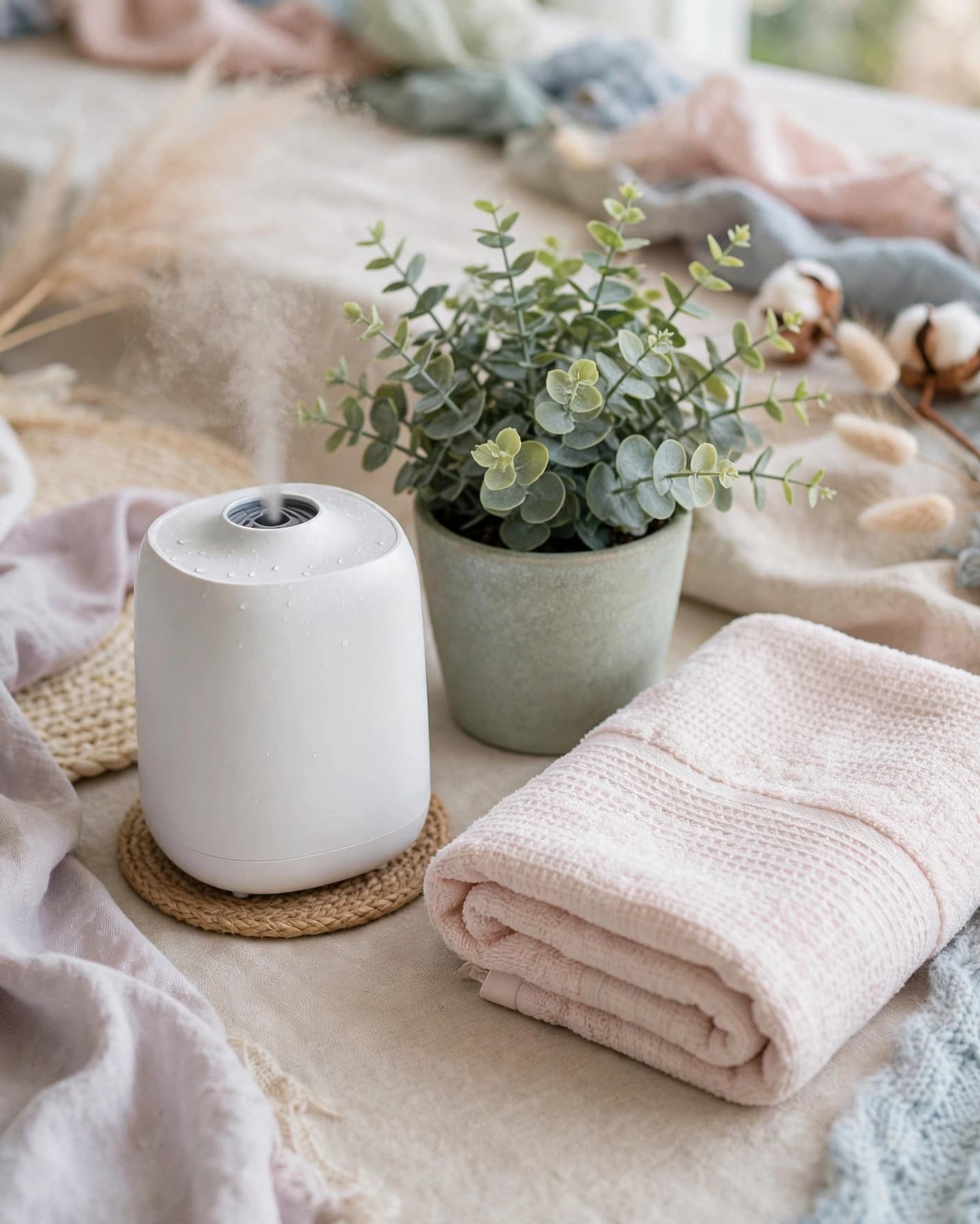 A small humidifier, potted plant, and folded towel arranged for a baby shower prize.