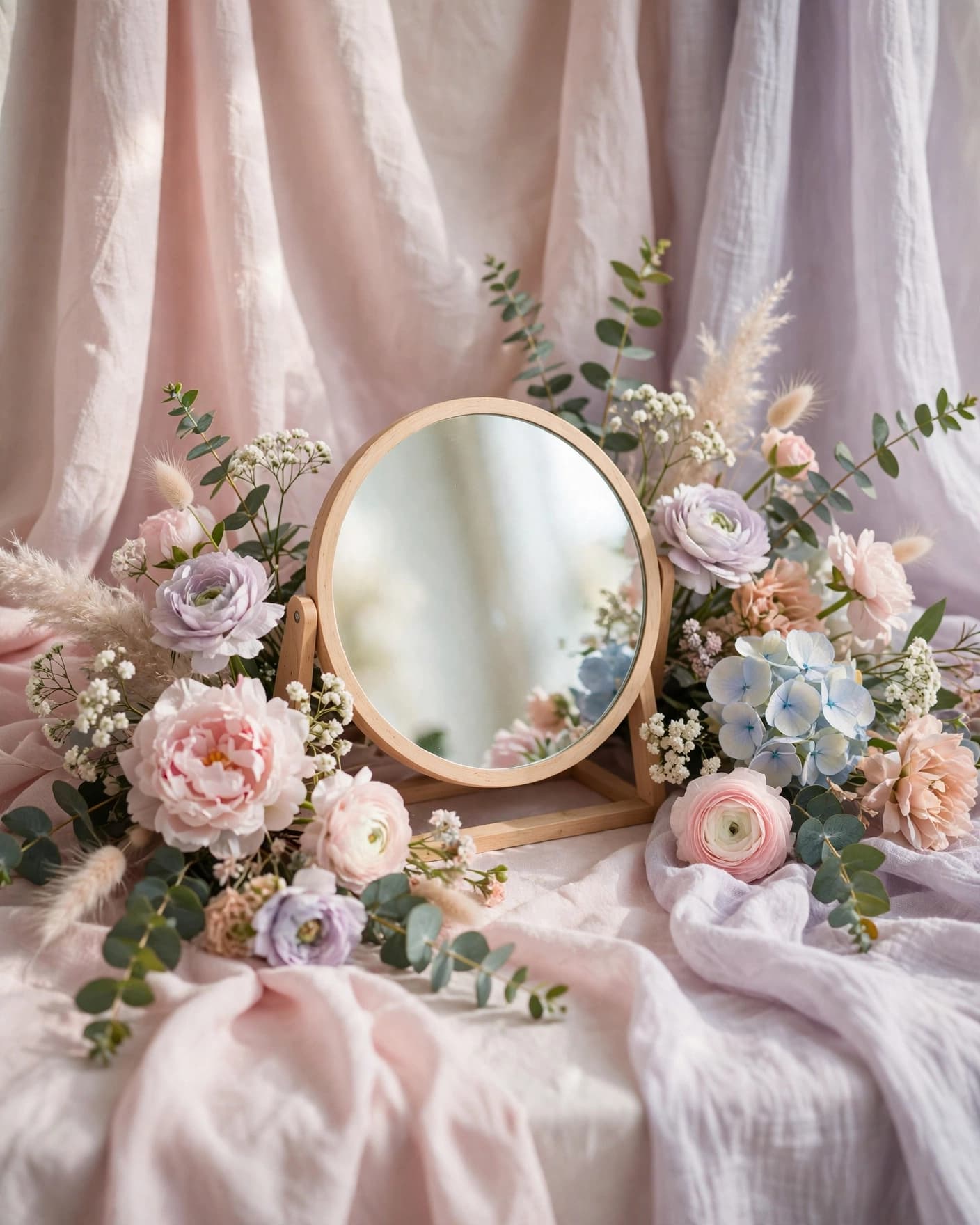 A tabletop mirror surrounded by pastel flowers against a soft fabric backdrop.