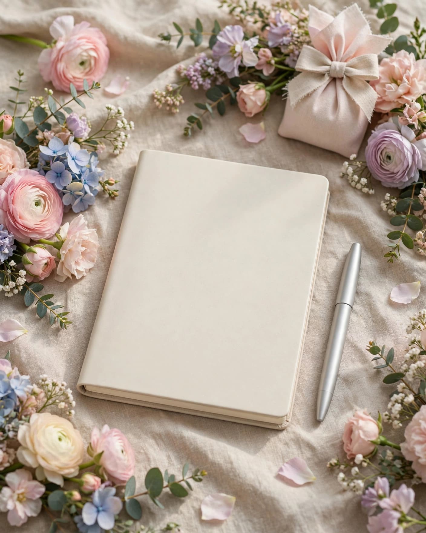 Blank notebook and pen beside pastel flowers on a linen table.
