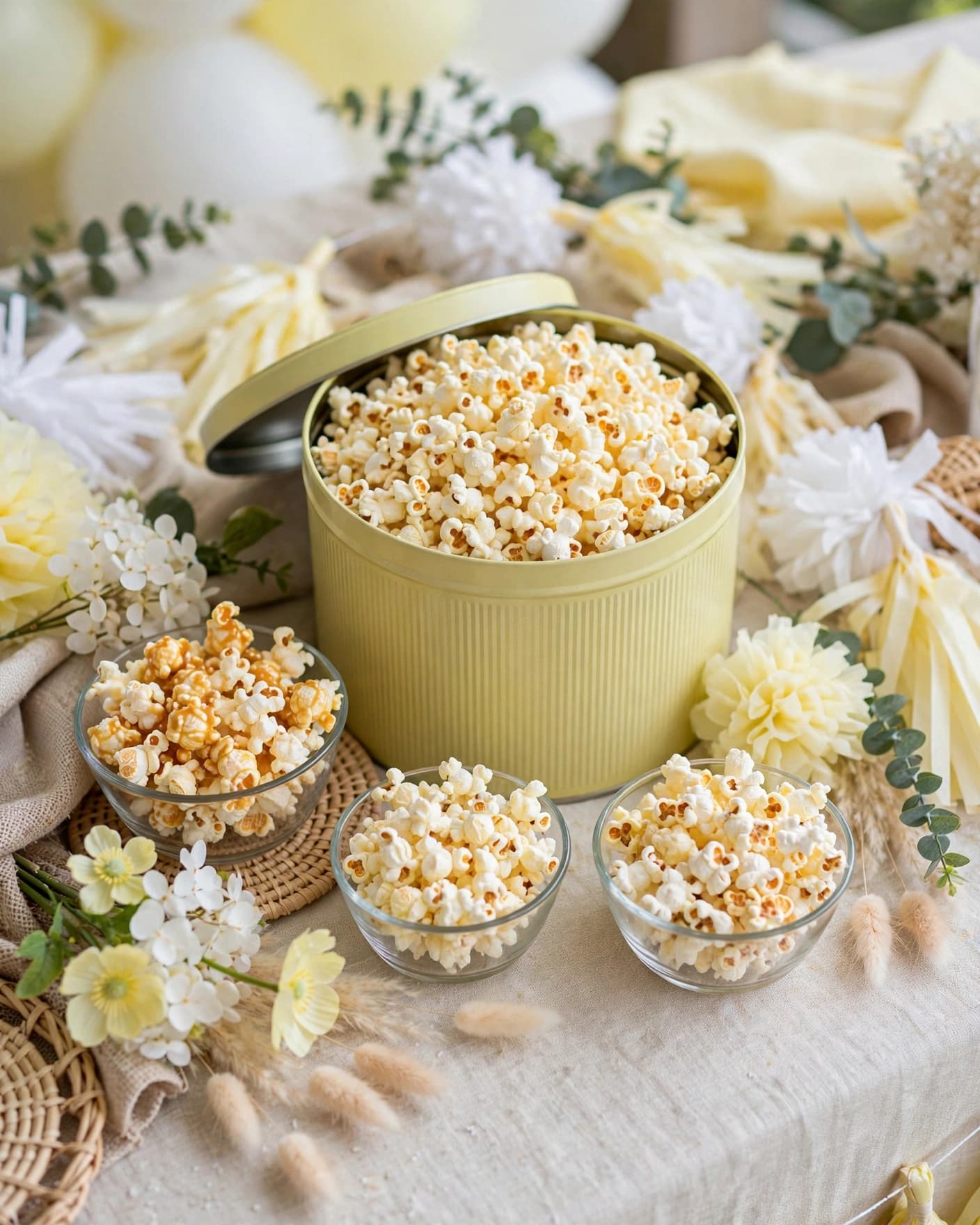 A popcorn gift tin and glass bowls on a pale yellow and white baby shower table.