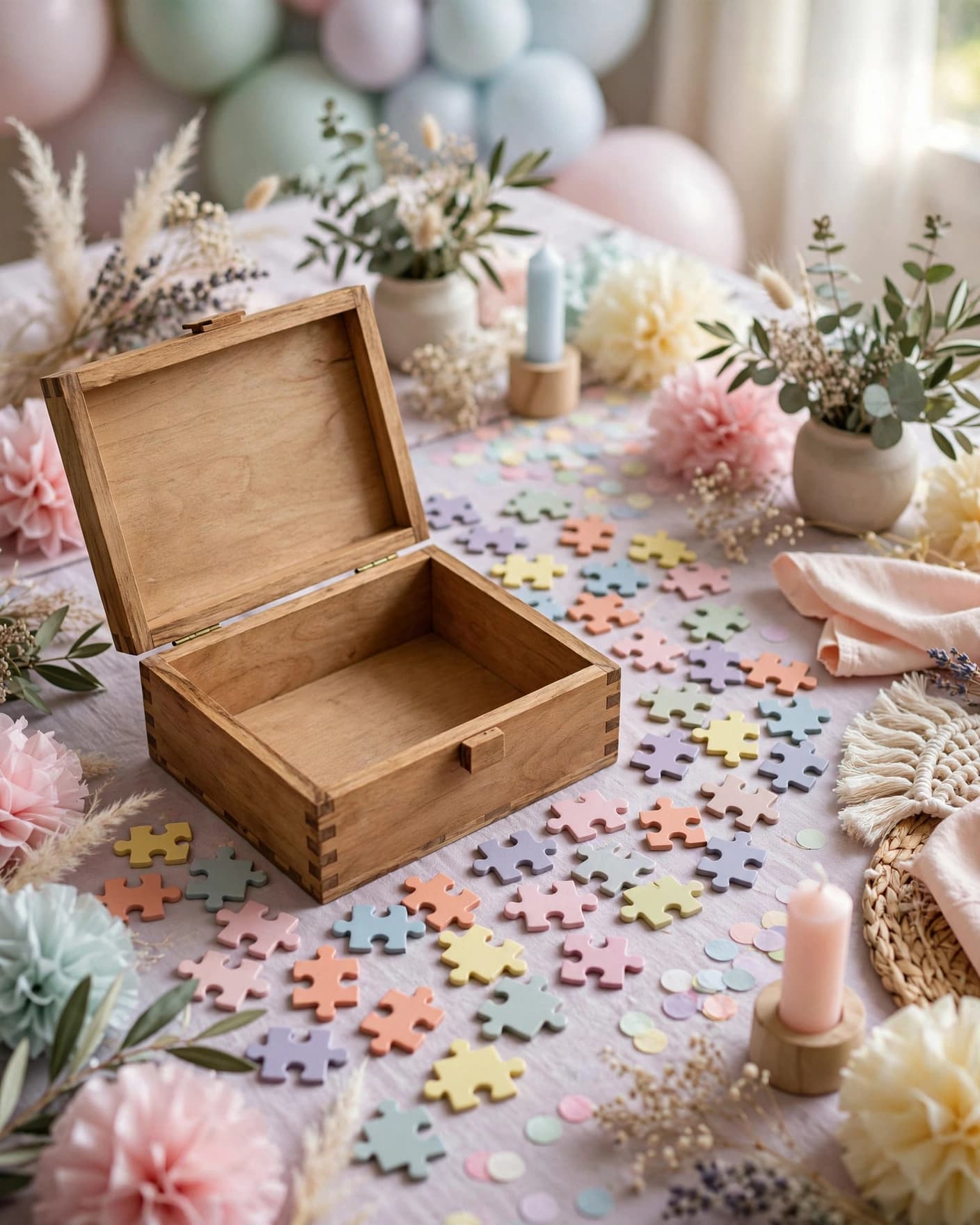 A wooden puzzle box and colorful pieces on a pastel baby shower table.