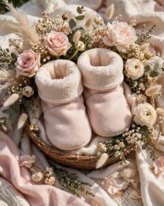 Fleece slipper socks in a flower-filled basket for a baby shower prize.