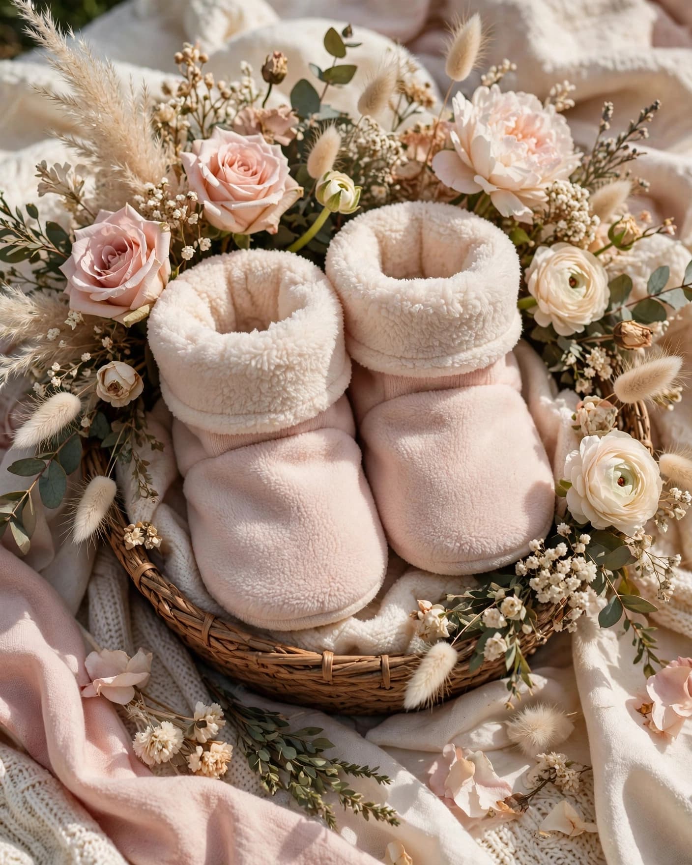 Fleece slipper socks in a flower-filled basket for a baby shower prize.