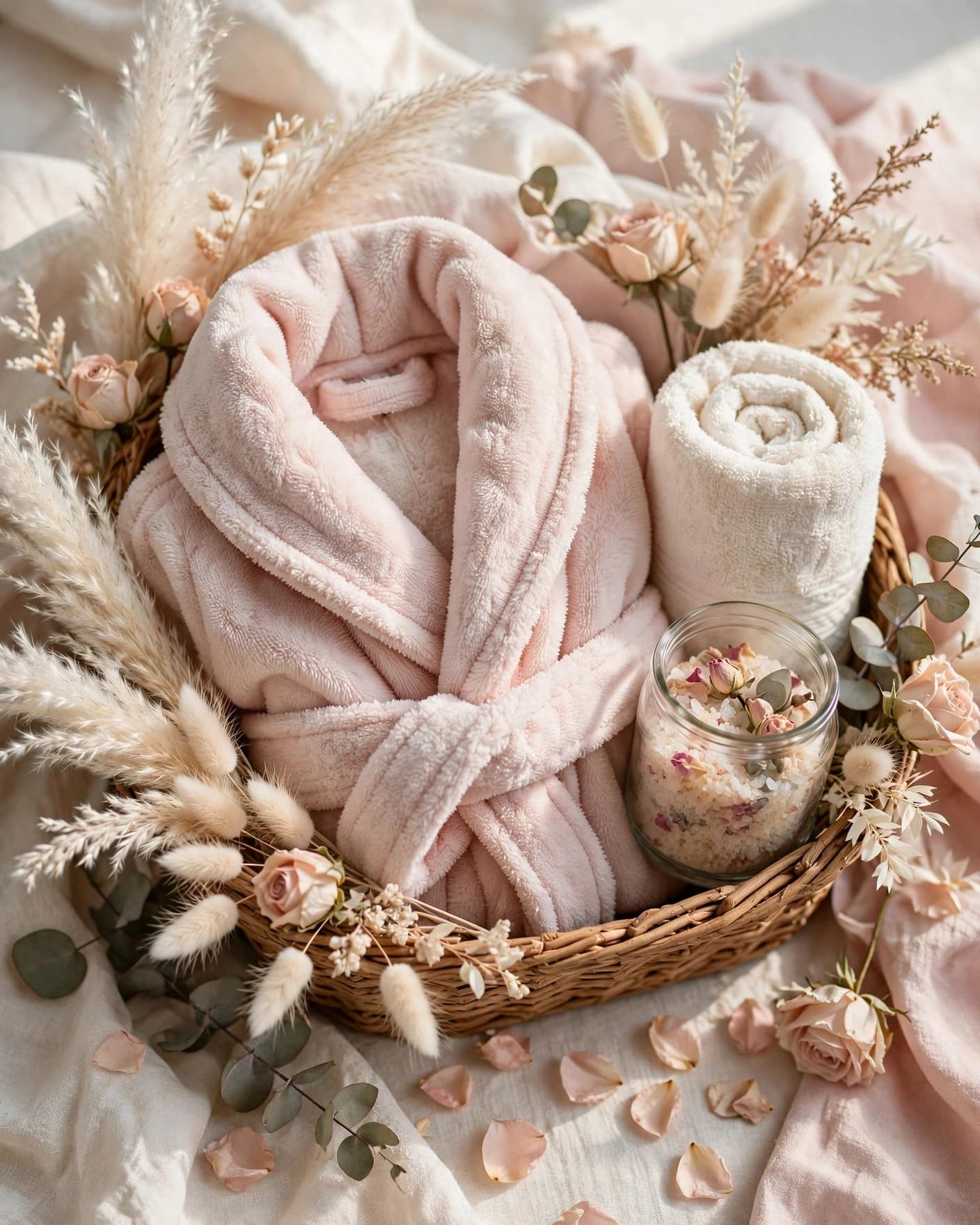 A folded spa robe, bath salts, and rolled towel in a woven basket.