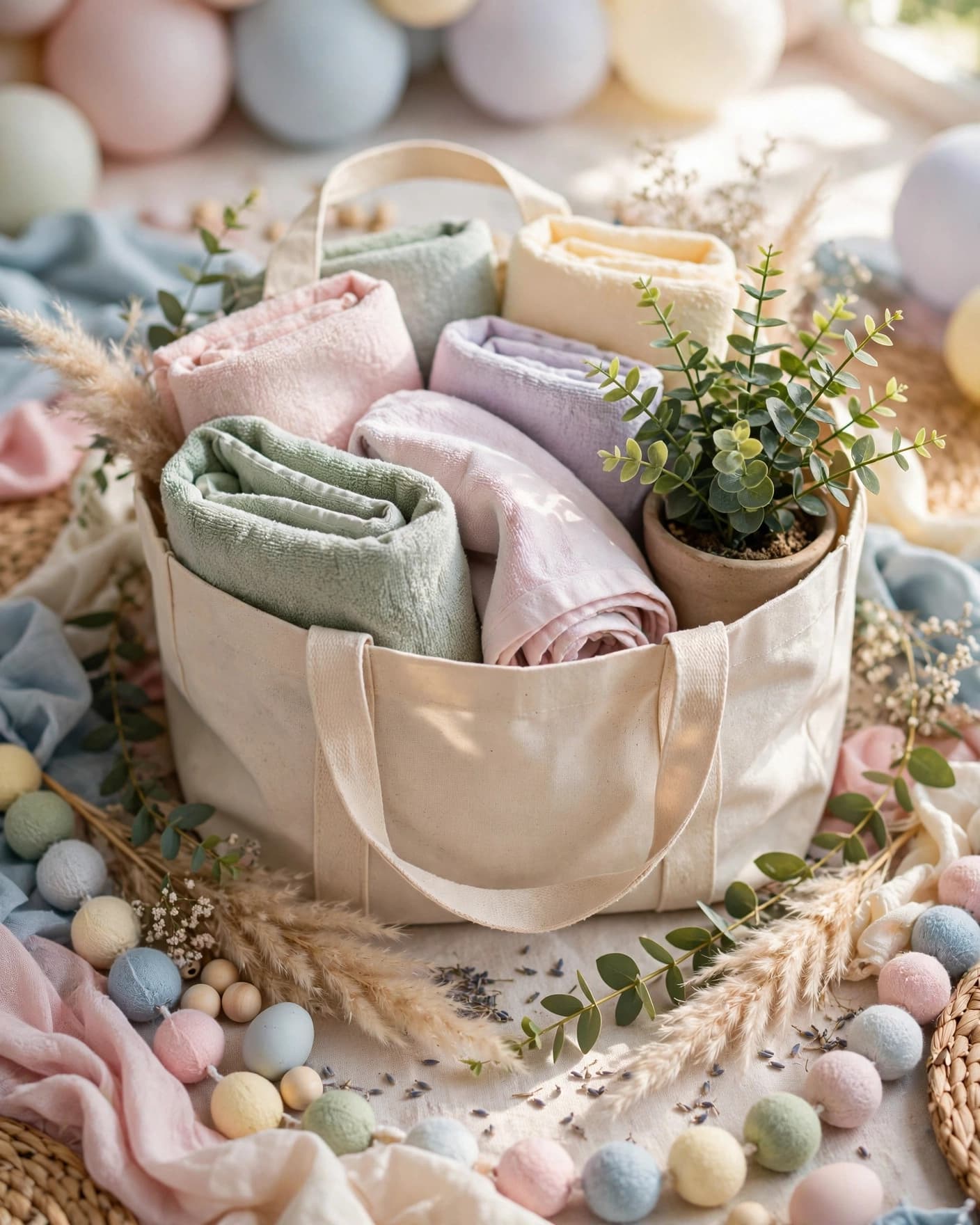 A reusable tote filled with kitchen towels and a small plant at a baby shower.