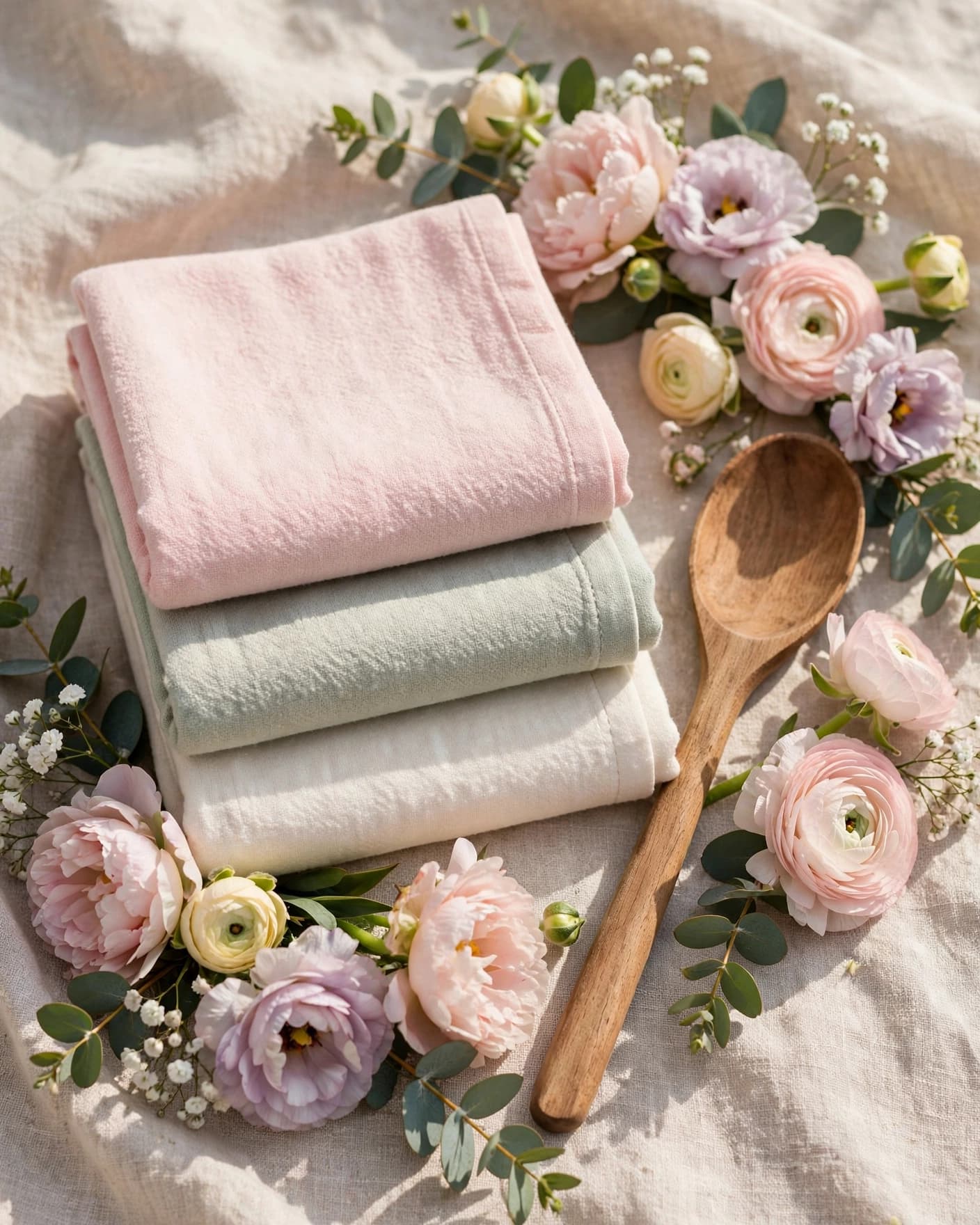 Folded kitchen towels with a wooden spoon and pastel flowers on a bright display table.