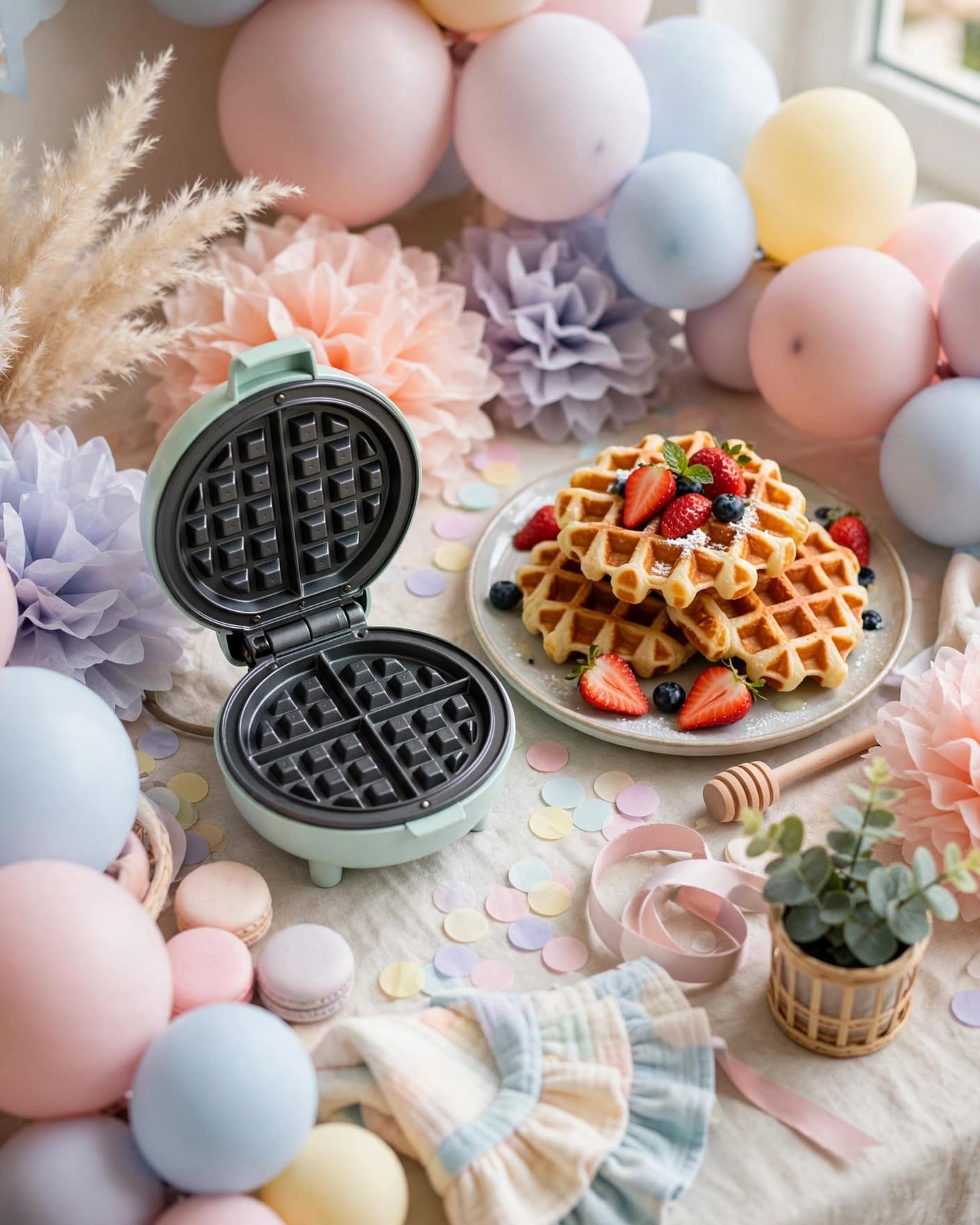 A small waffle maker with fresh waffles and pastel baby shower decorations.