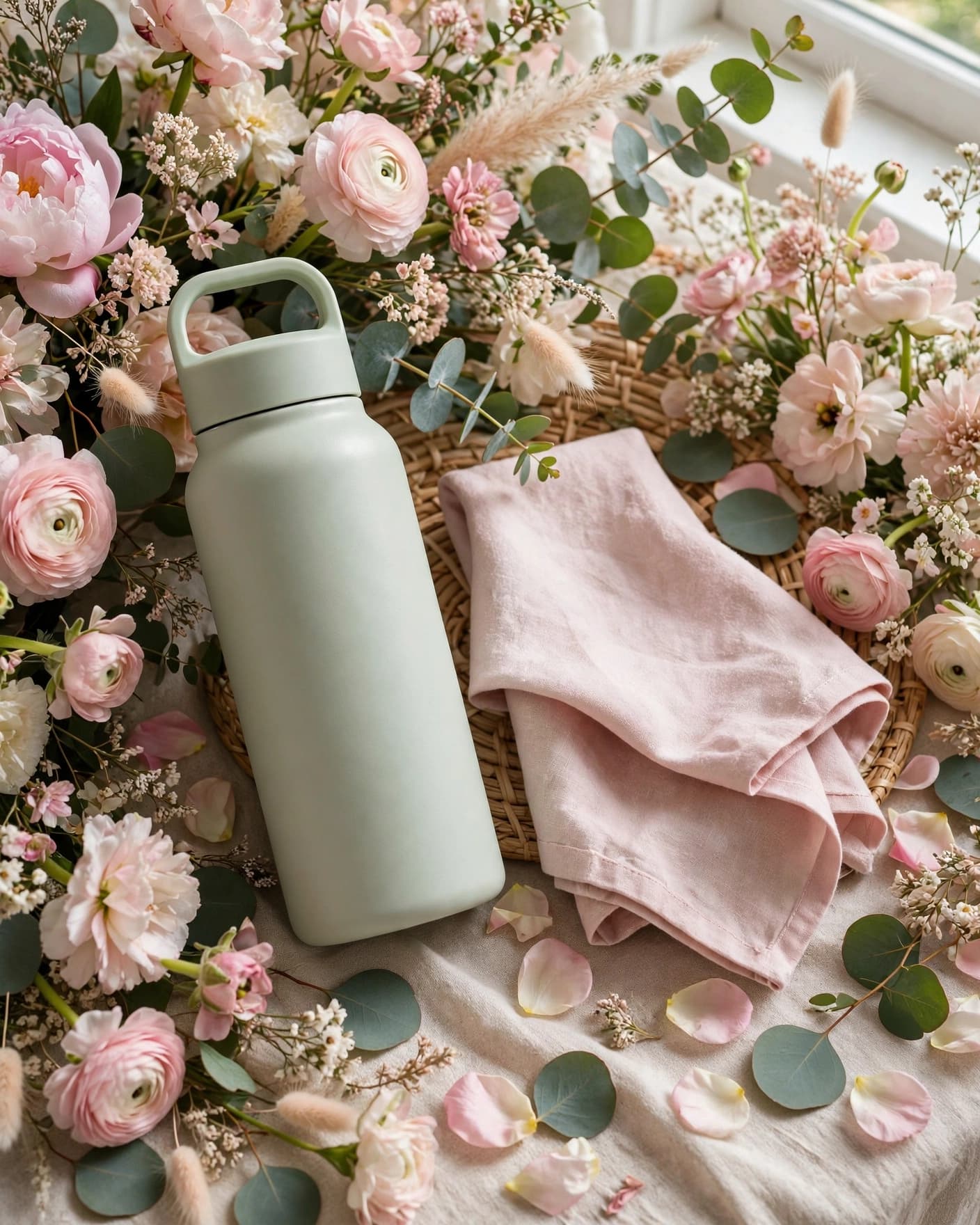 An insulated water bottle displayed beside pastel flowers and a folded napkin.
