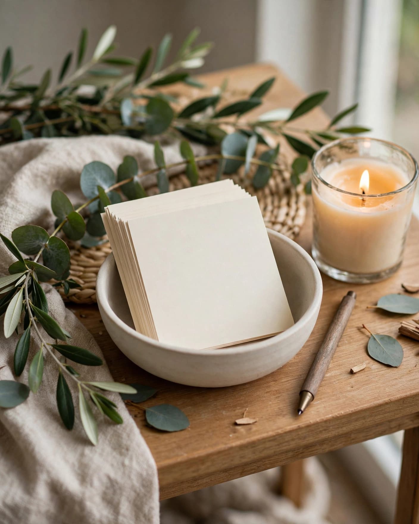 Blank advice cards, a bowl, pen, greenery, and candle on a small table.