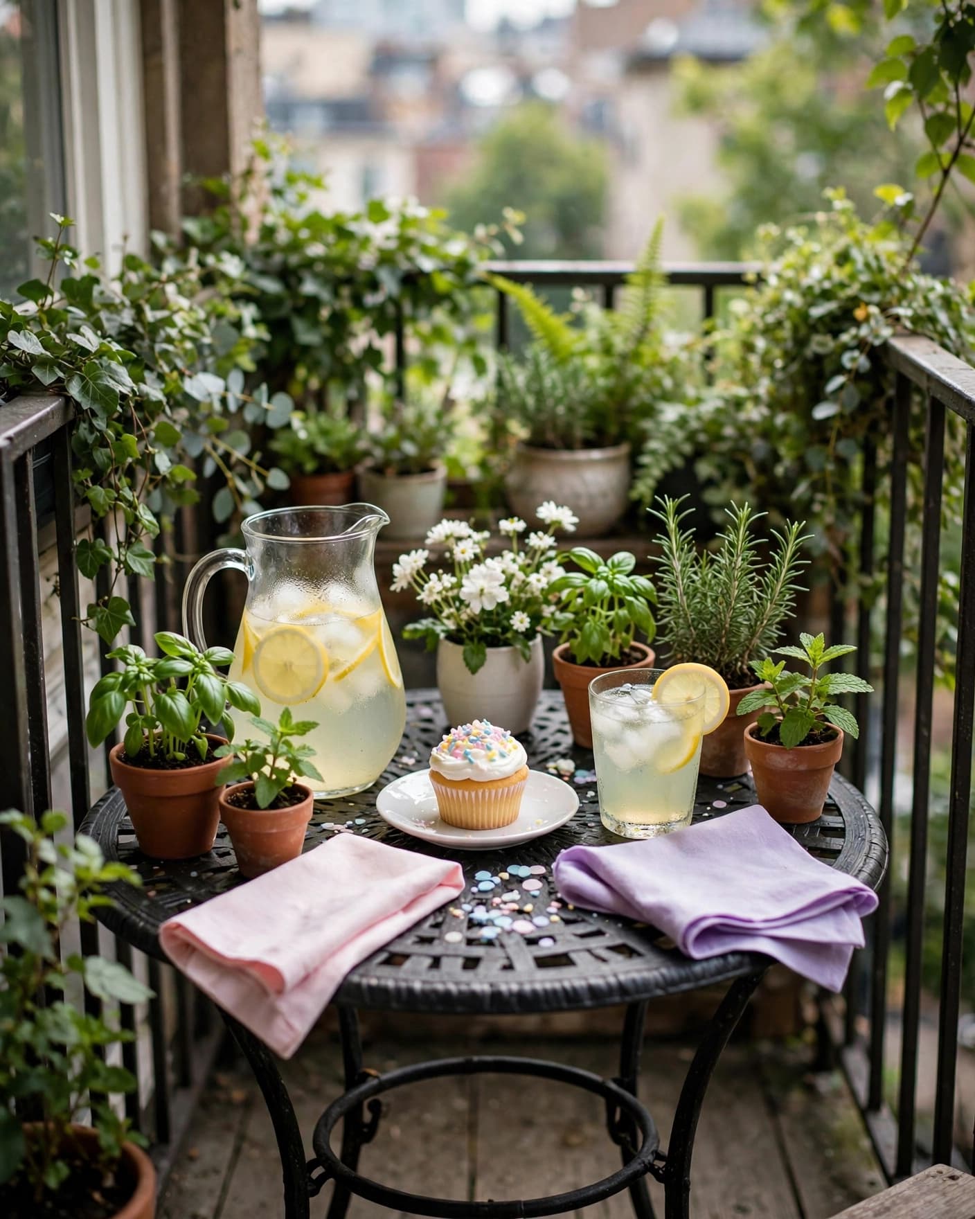 A small balcony table decorated for a baby sprinkle.
