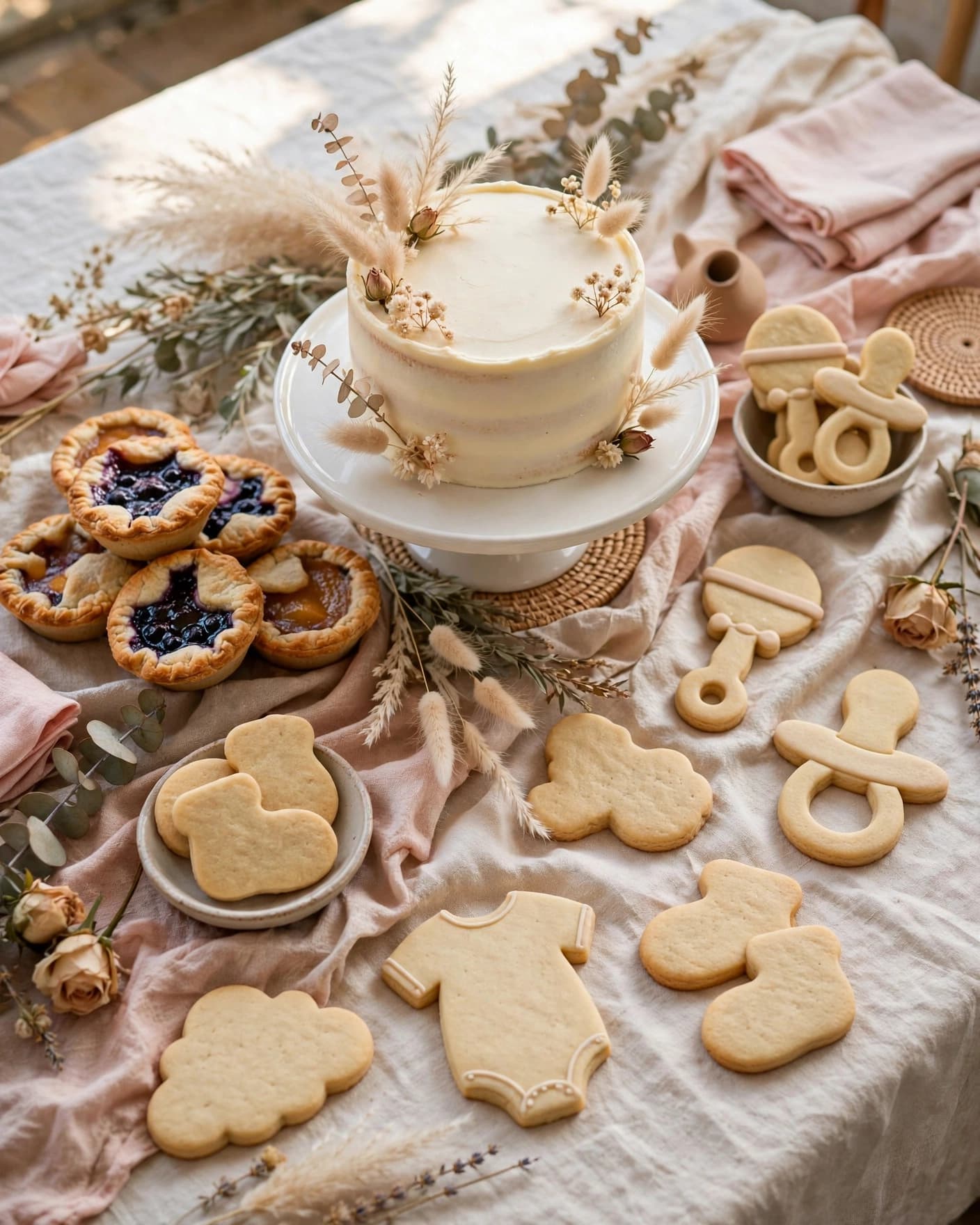 A baby sprinkle dessert table with mini pies, cookies, and blush decorations.