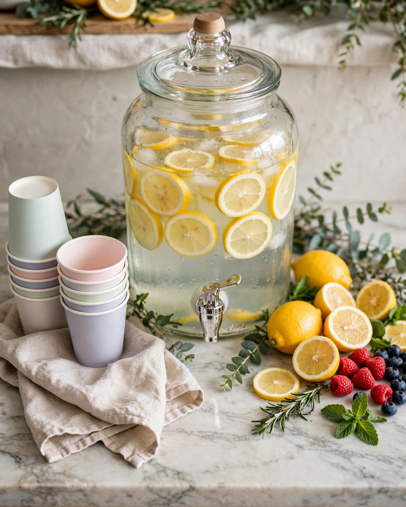Lemon water dispenser with pastel cups and fruit on a bright kitchen counter.