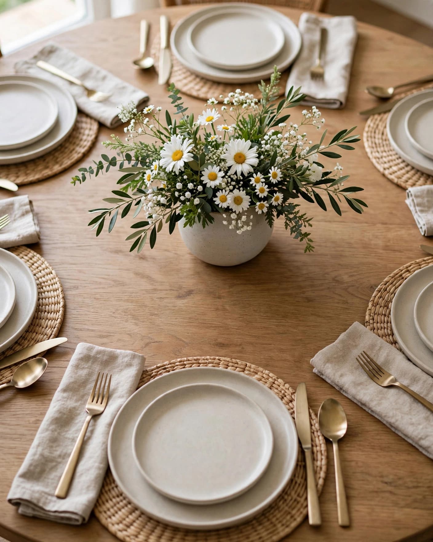 Low white floral arrangement in a ceramic vase on a set dining table.