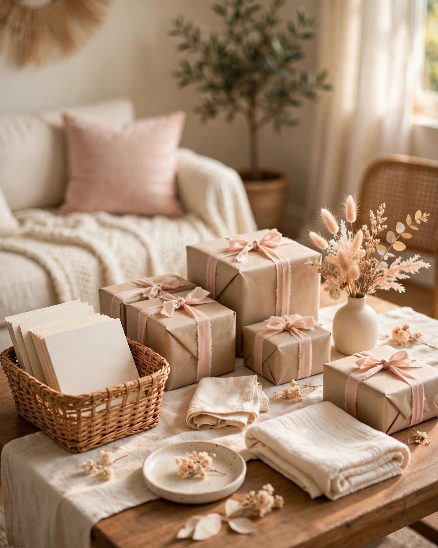 A basket, wrapped gifts, and dried flowers arranged on a living room table.
