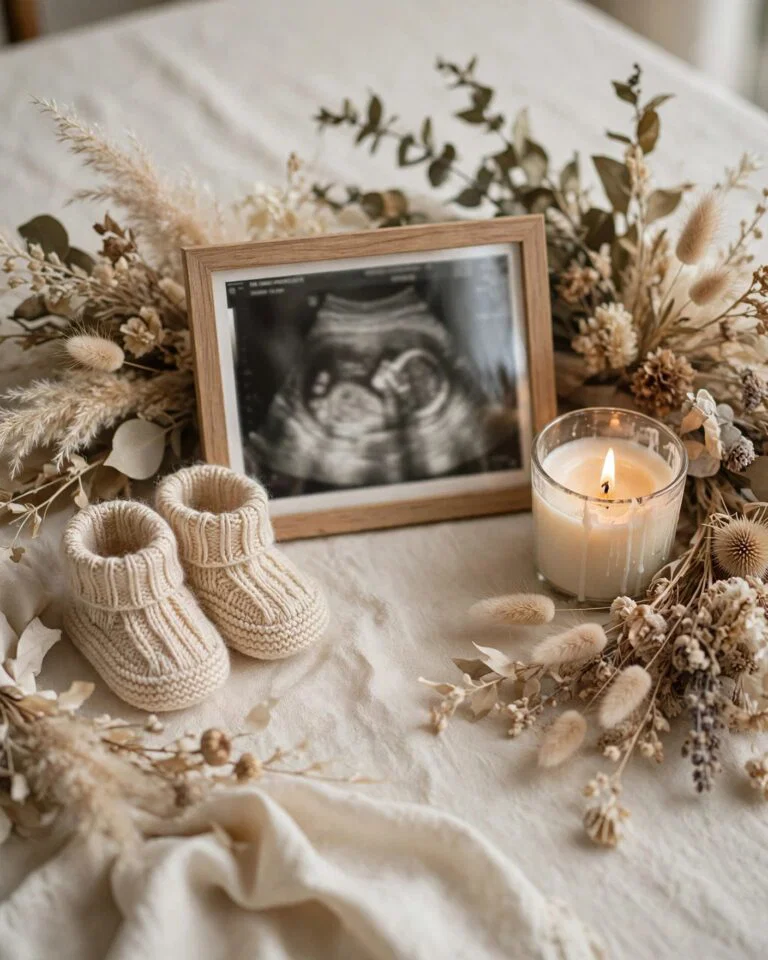 A cream table displays a blurred ultrasound photo, flowers, booties, and a candle.