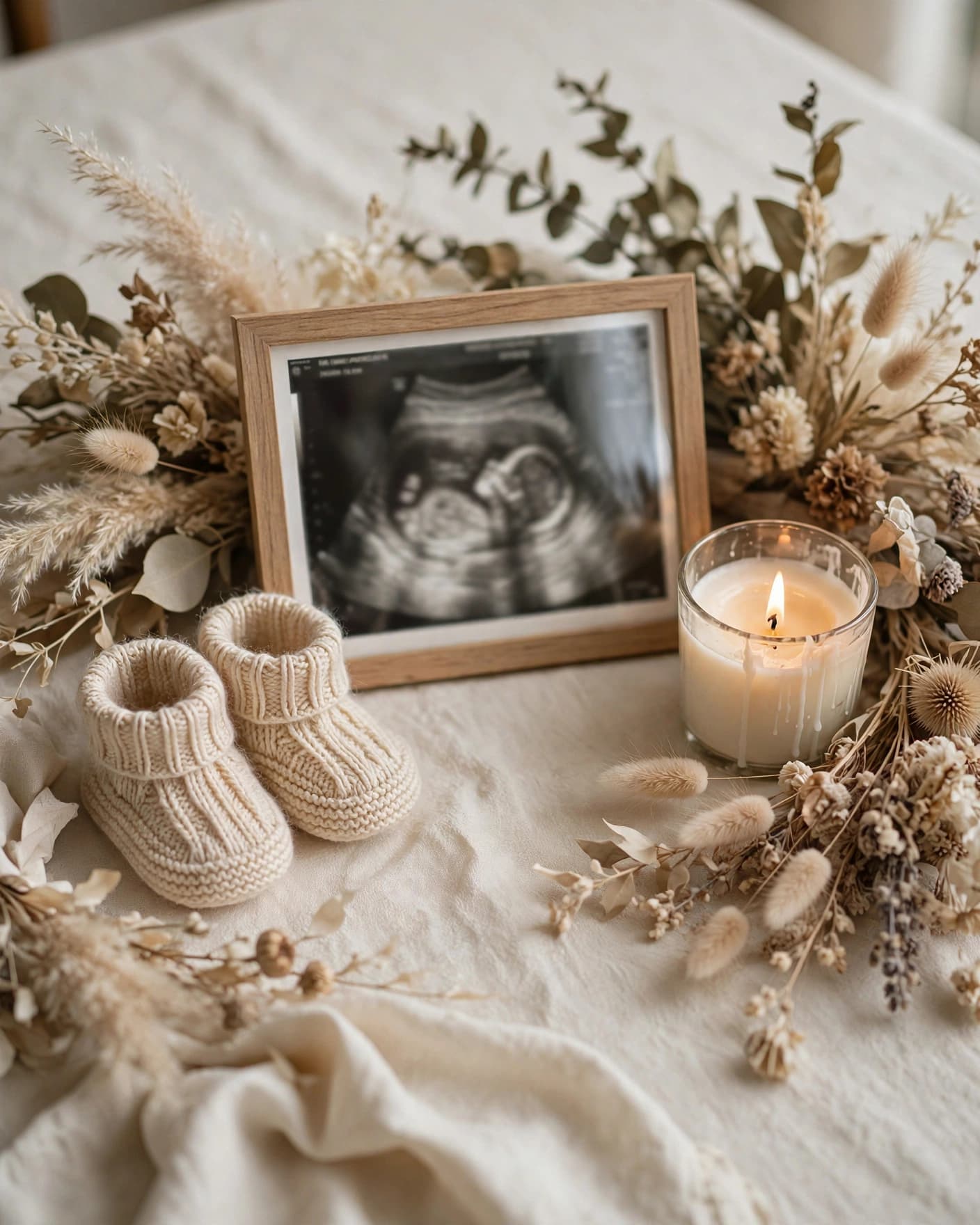 A cream table displays a blurred ultrasound photo, flowers, booties, and a candle.