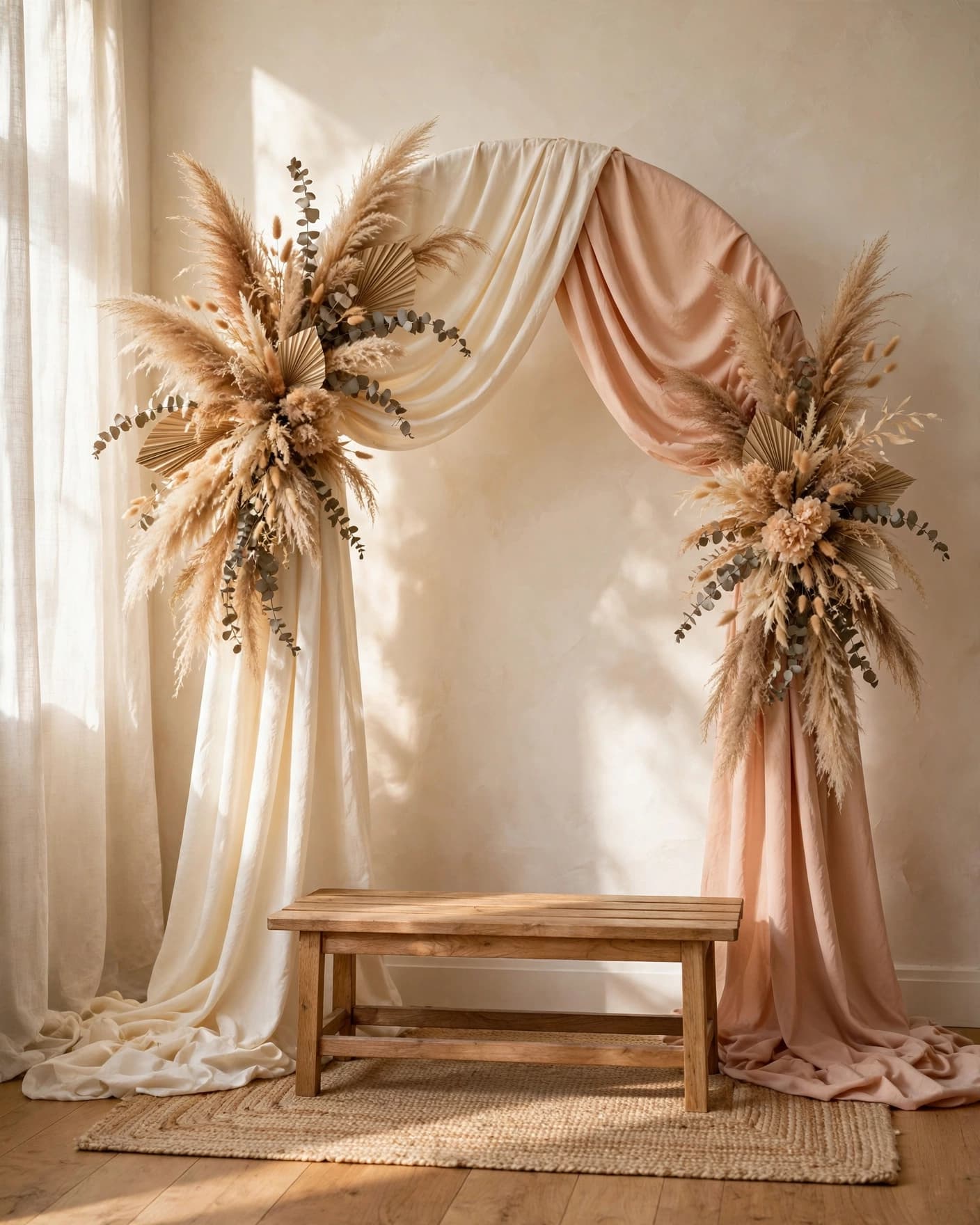 A cream and peach fabric arch with pampas grass and a bench in a sunny room.