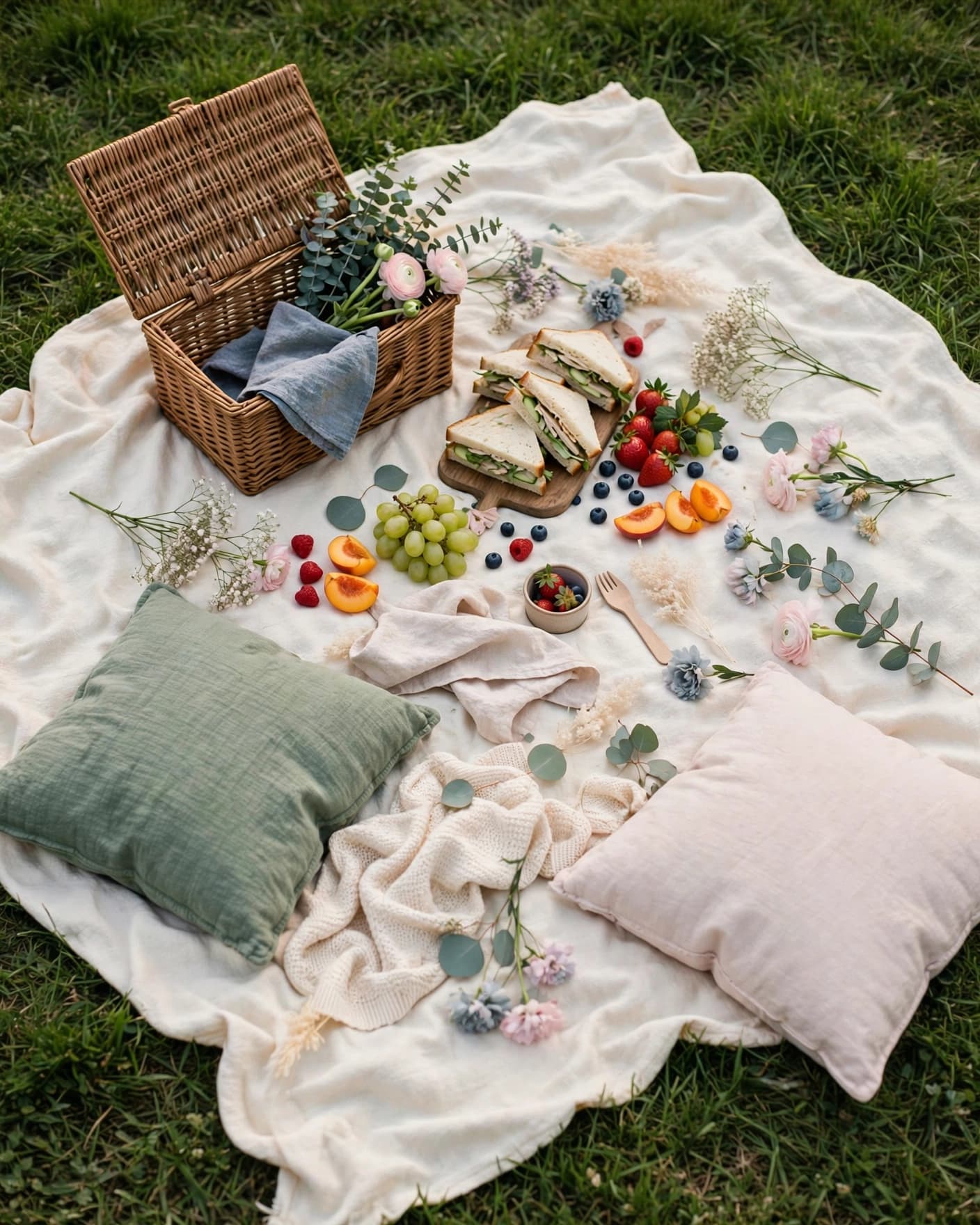 A pastel picnic setup with food, cushions, and flowers on a green lawn.