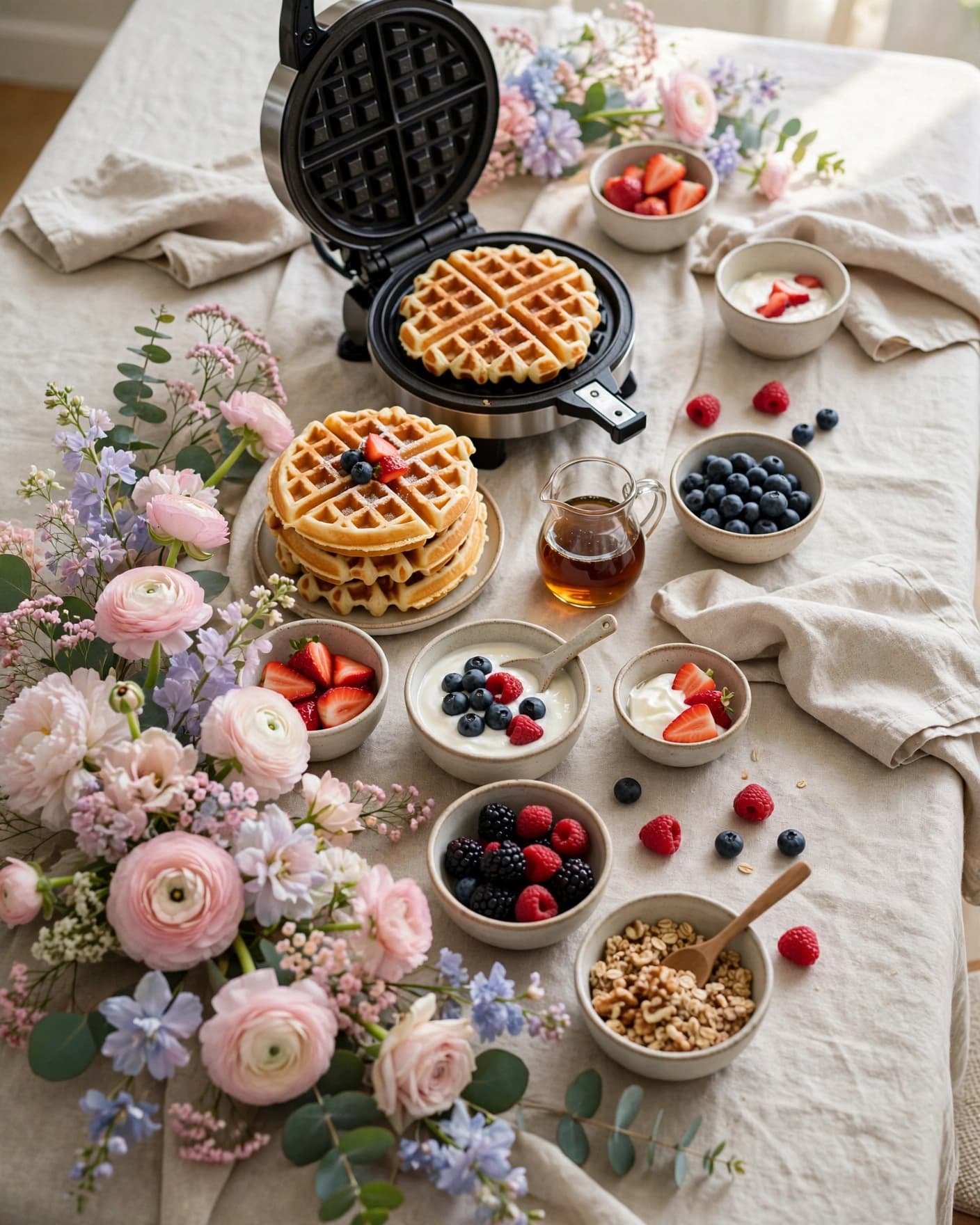 A waffle bar with waffles, berries, yogurt, bowls, and pastel flowers.