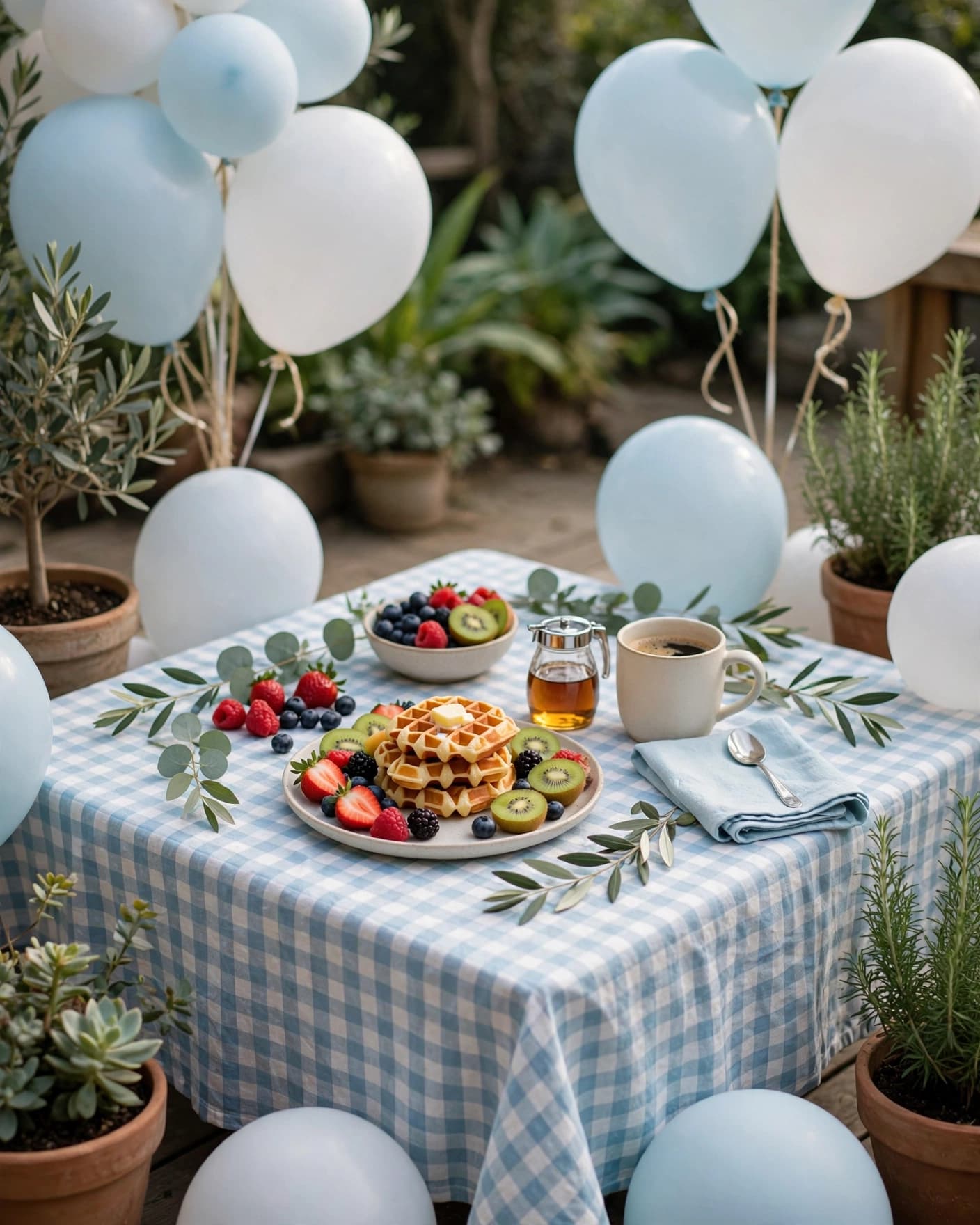 A pastel brunch table with waffles, fruit, coffee, and balloons on a sunny patio.