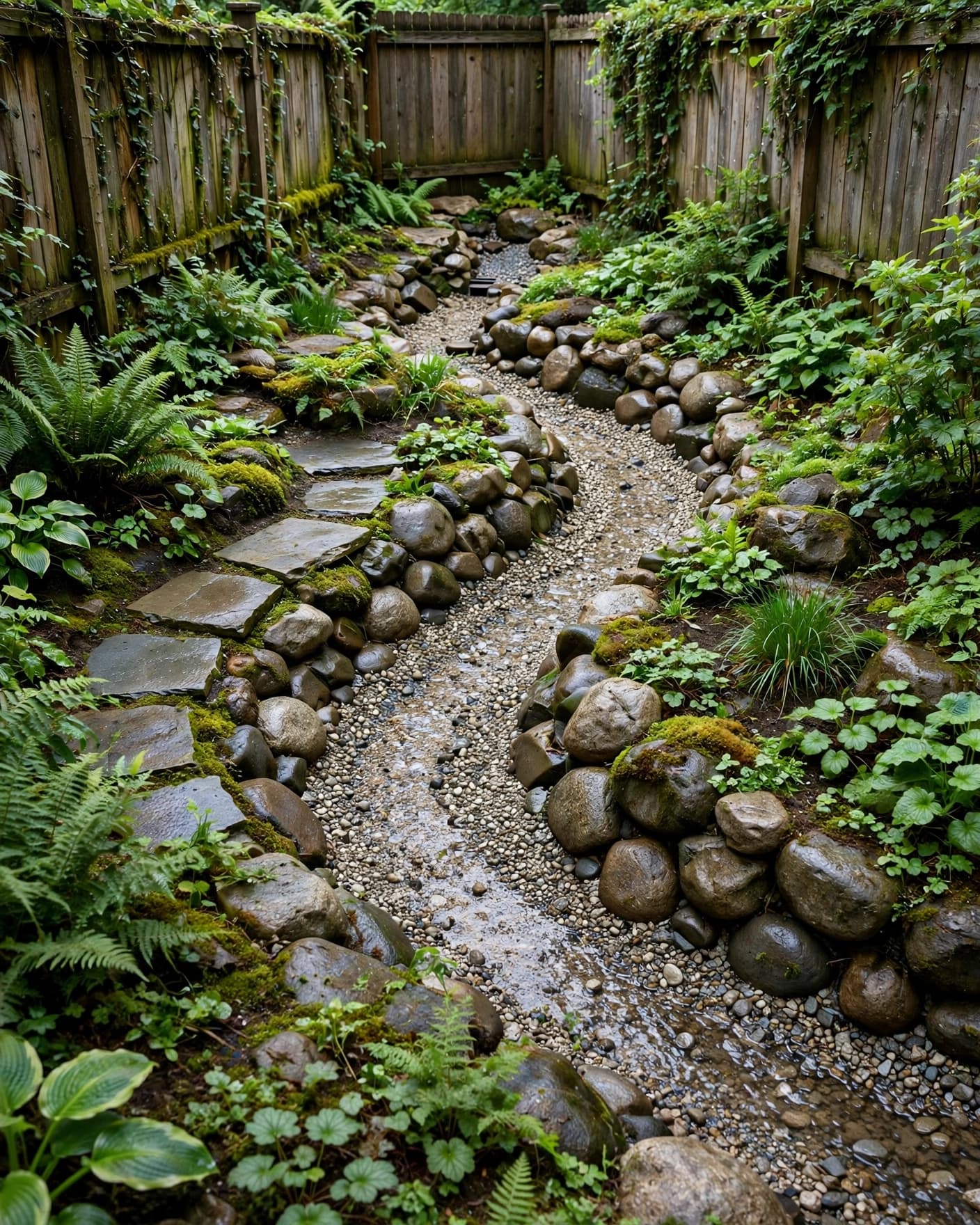 A curved gravel creek bed with plants and stepping pavers in a narrow backyard corner.