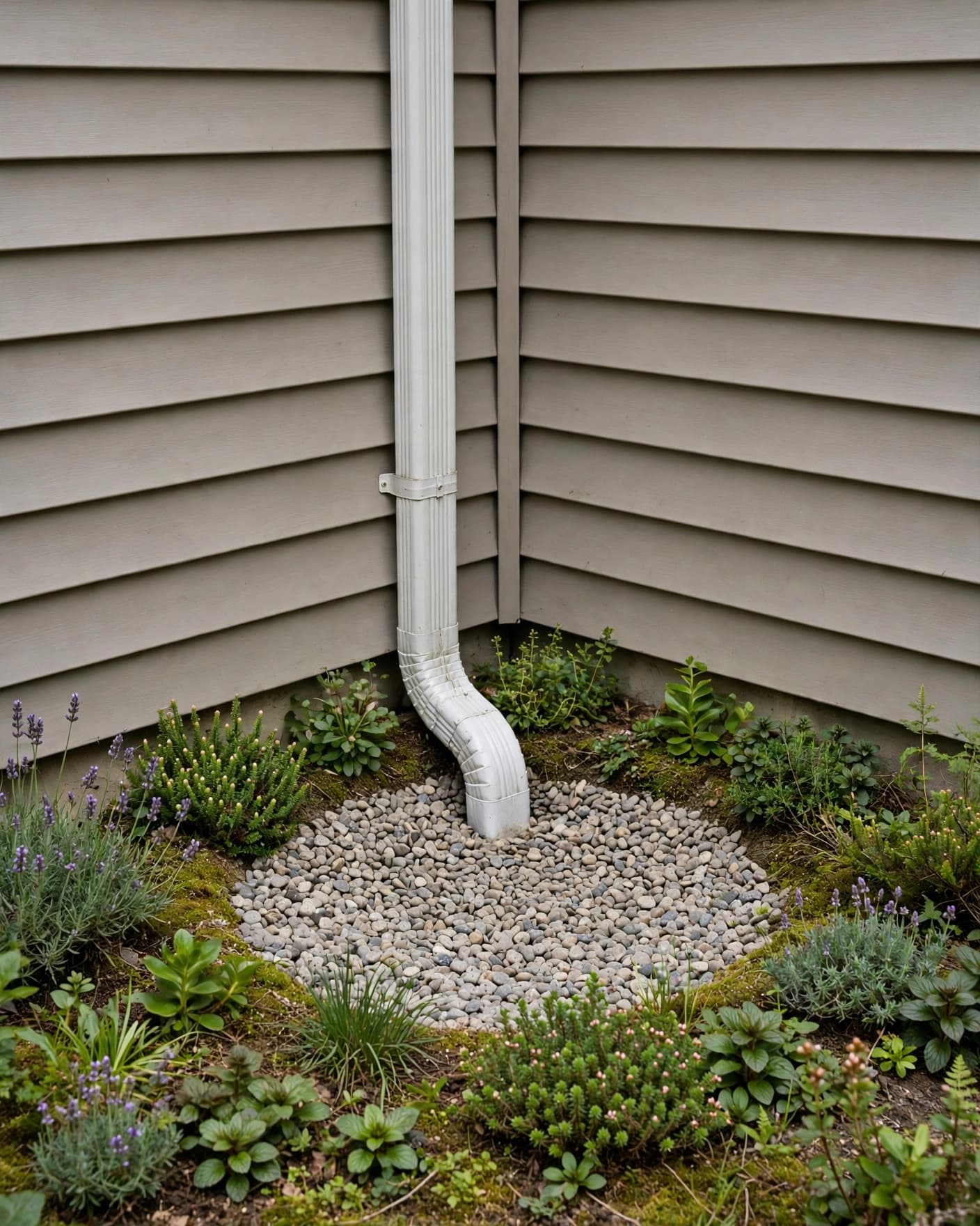 Downspout draining into a circular gravel area beside a home wall.